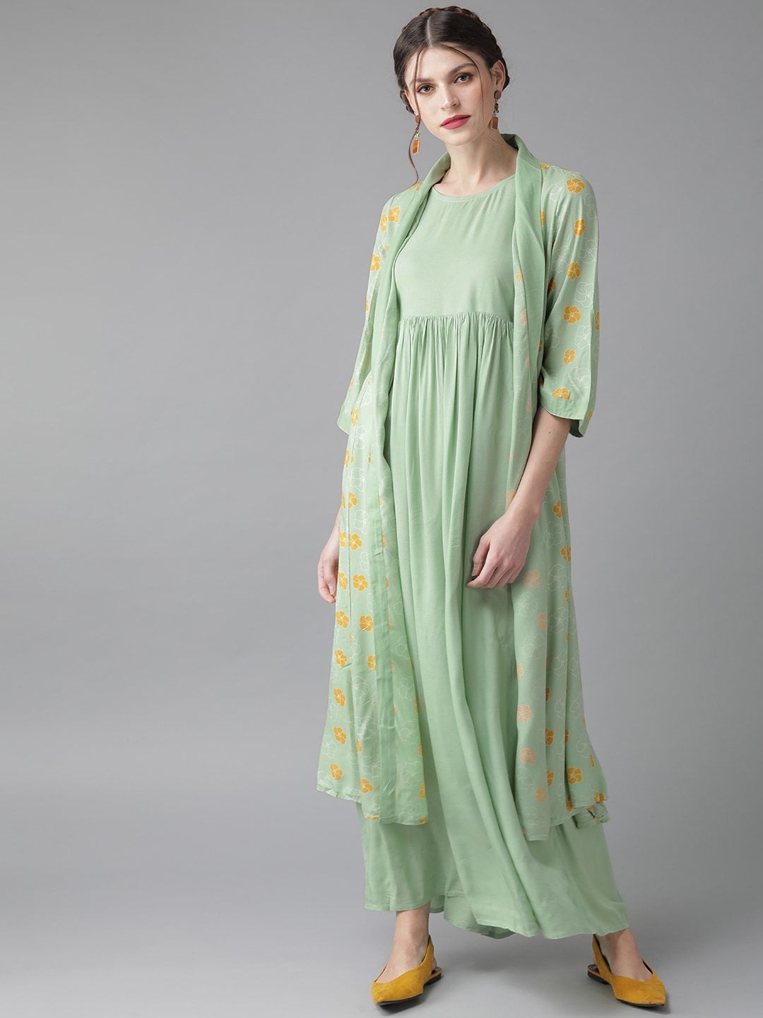 Women's  Green & Mustard Yellow Printed Layered Maxi Dress - AKS