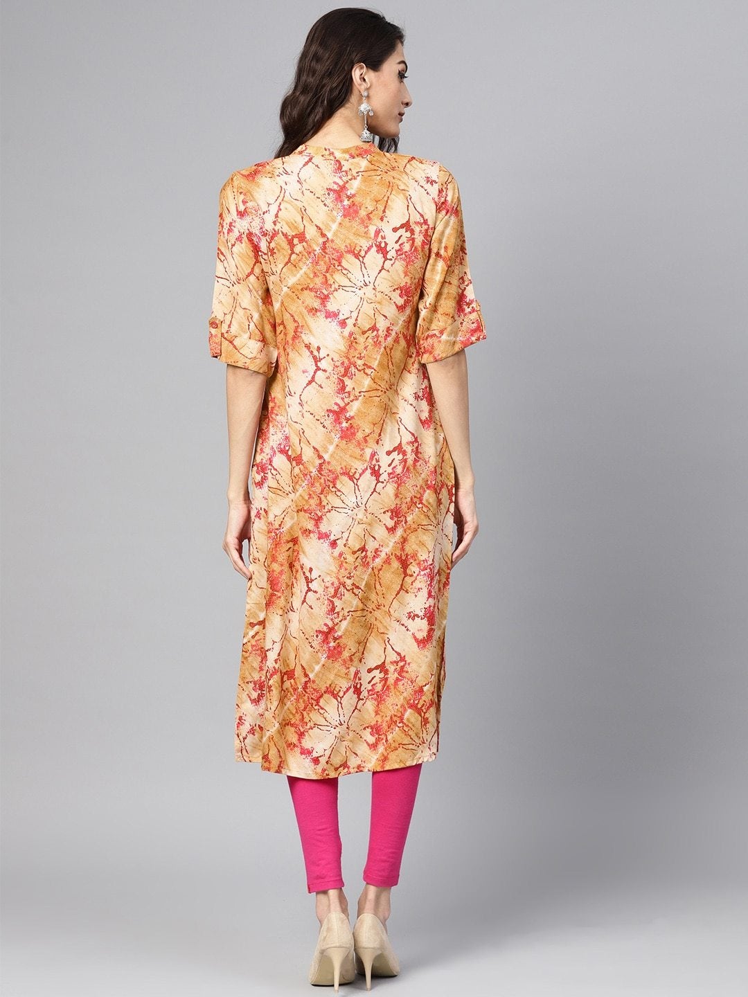 Women's Beige & Pink Printed Straight Kurta - Meeranshi