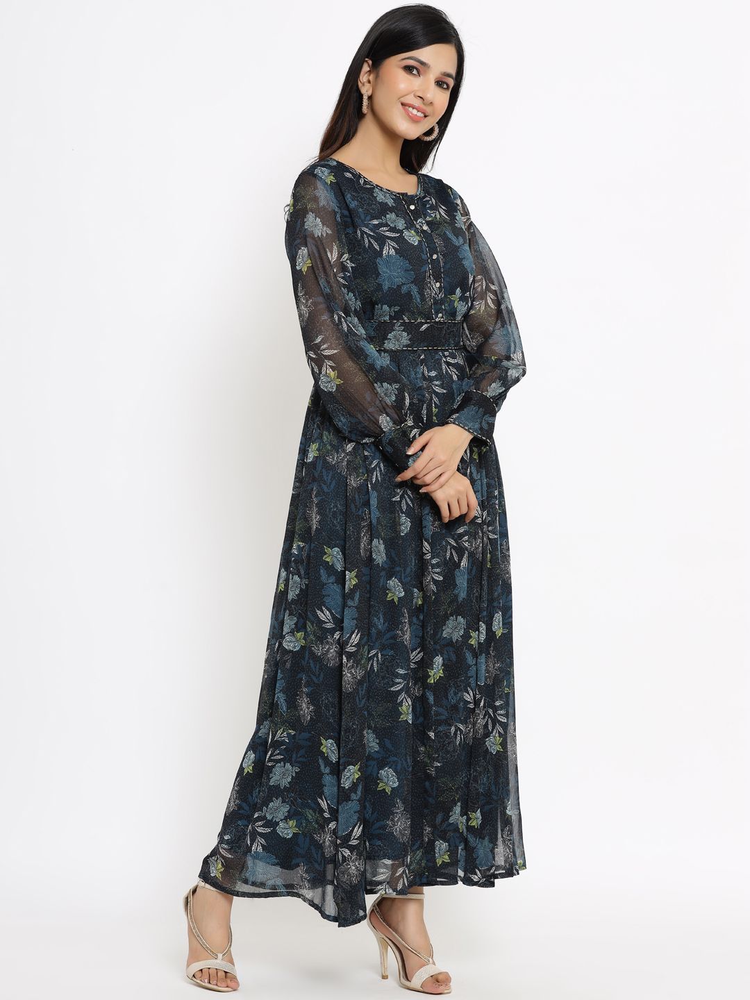 Women's Flared Printed Dress With Tie-up Blet - Juniper