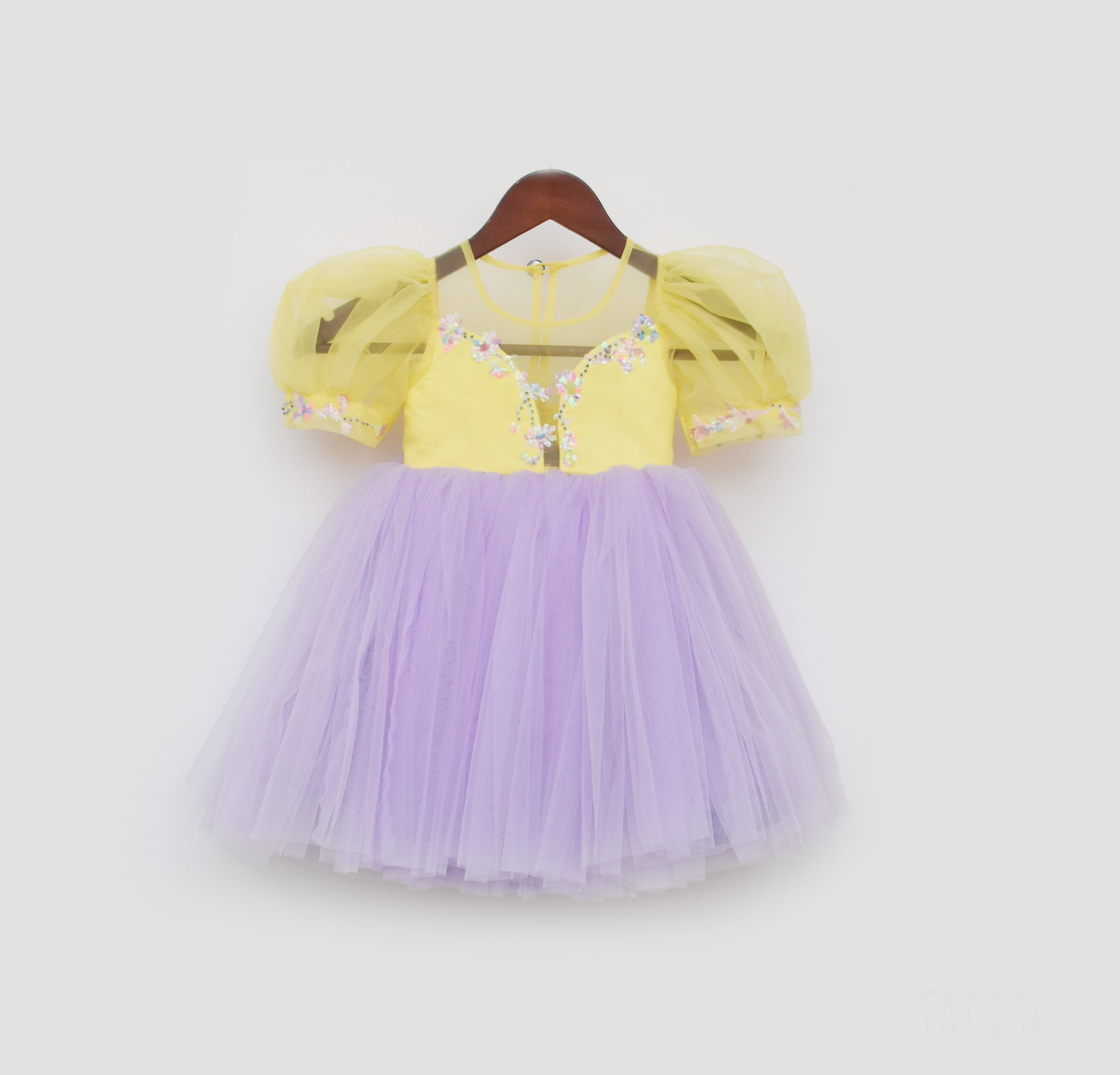 Girl's Yellow And Lilac Net Frock - Fayon Kids