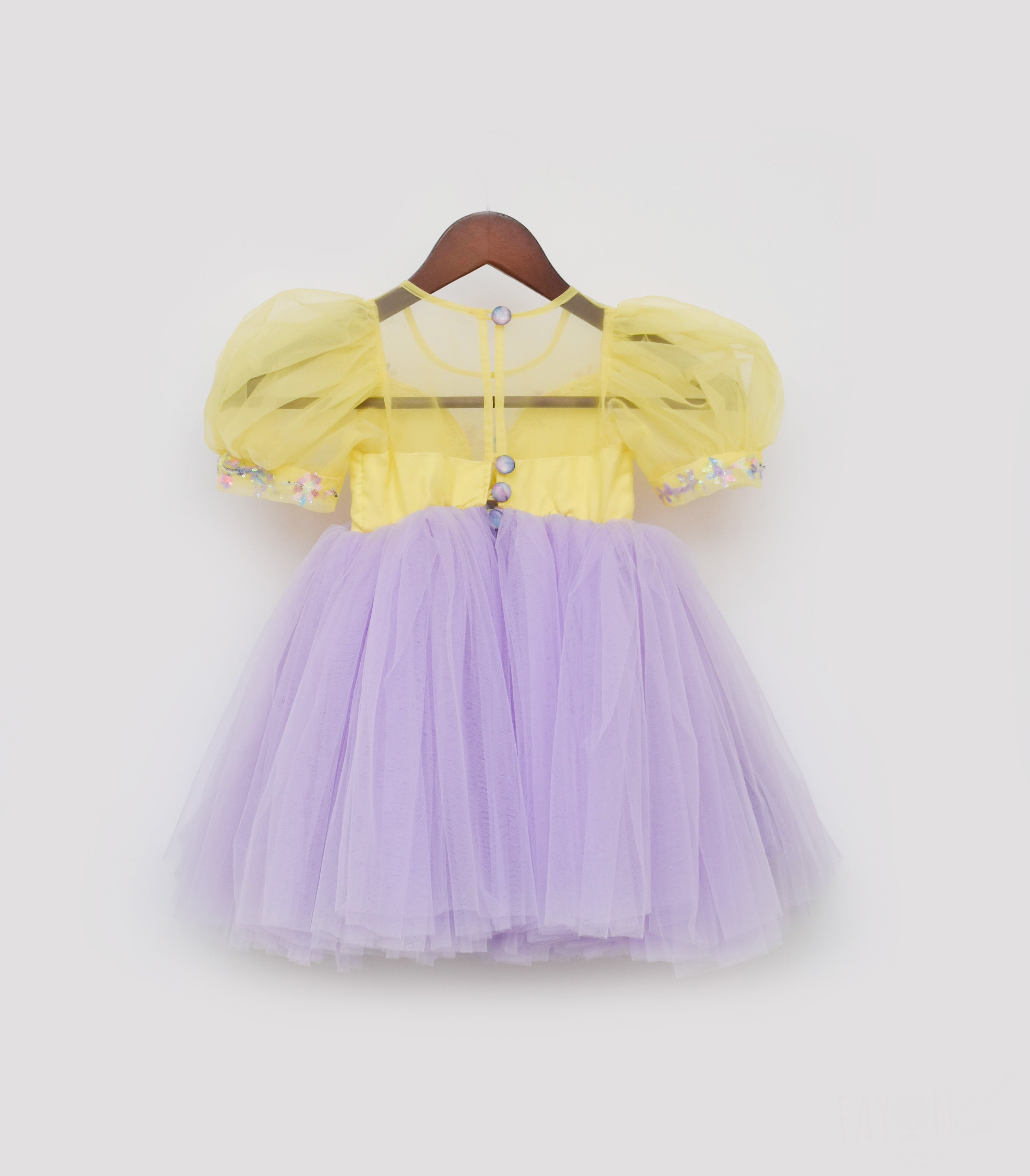 Girl's Yellow And Lilac Net Frock - Fayon Kids