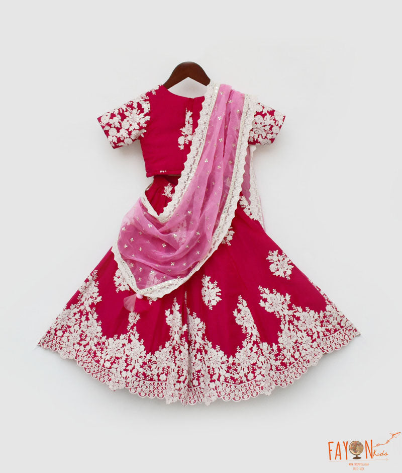 Girl's Pink Lehenga Choli And Pink Organza Dupatta