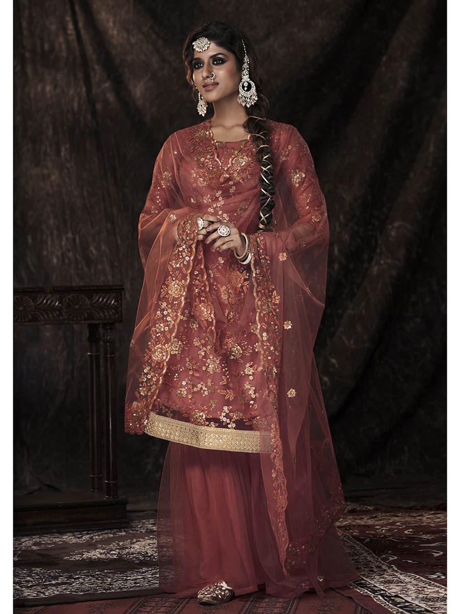 Women's Dark Orange Net Embroidered Sharara Suit - Myracouture