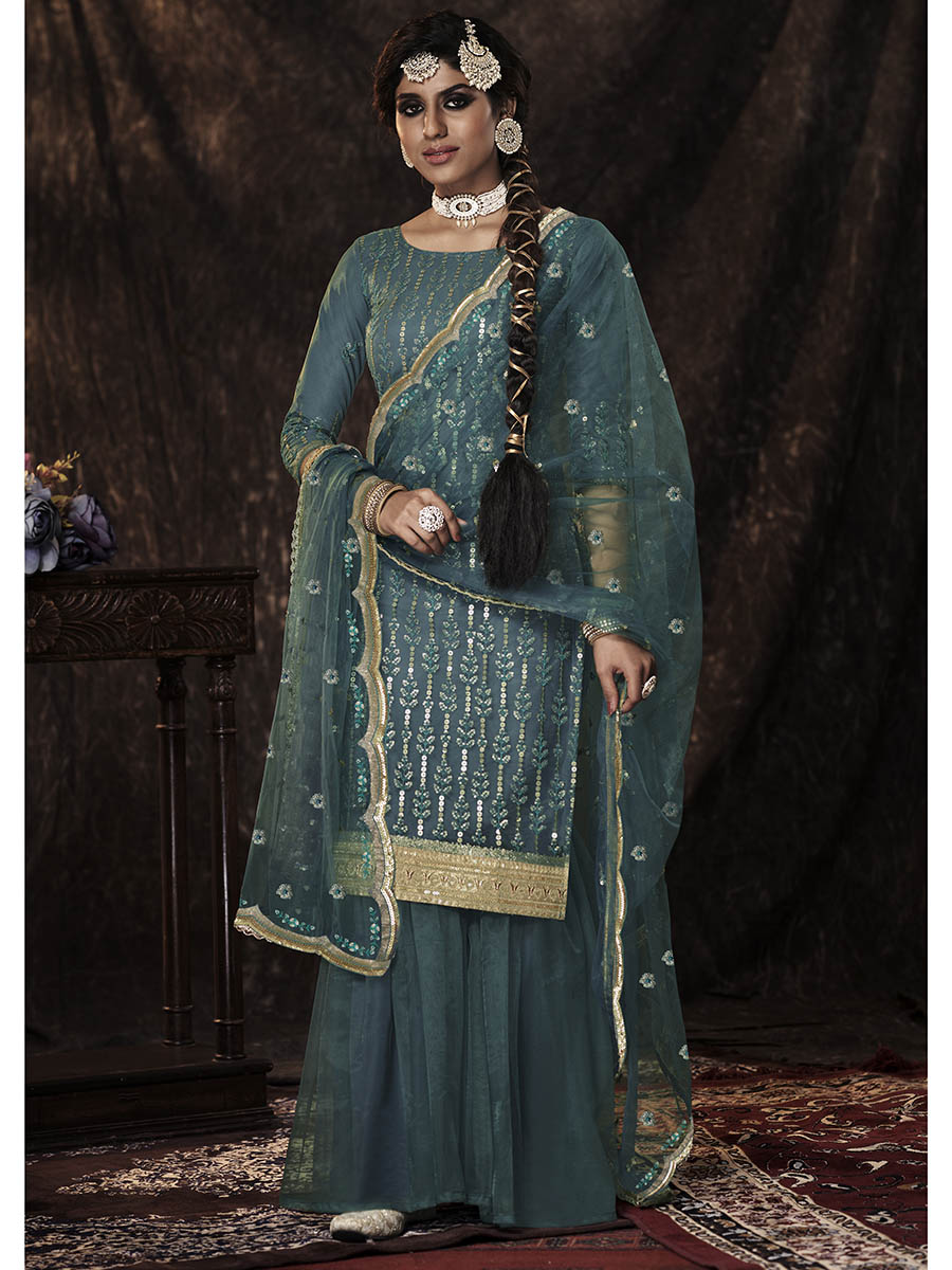 Women's Dark Firozi Net Embroidered Sharara Suit - Myracouture