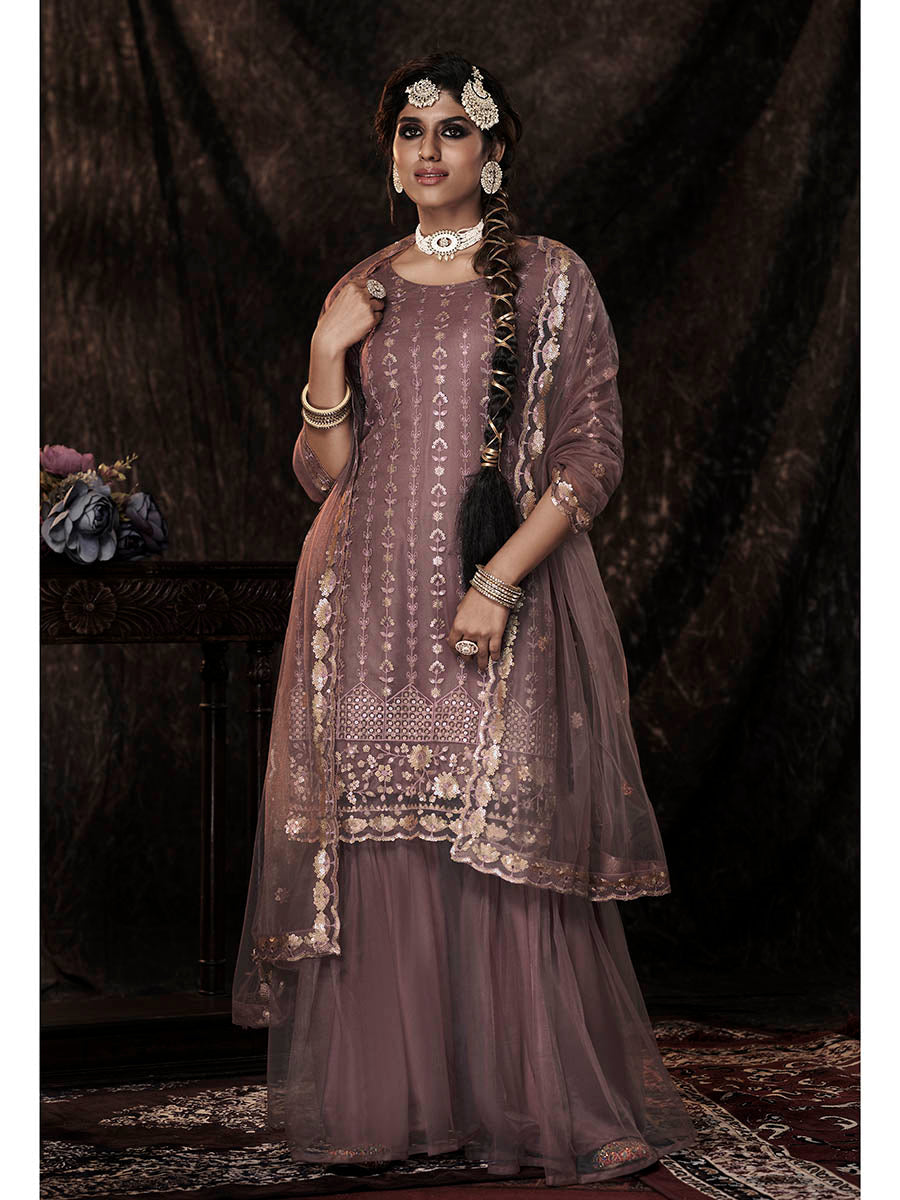 Women's Lilac Net Embroidered Sharara Suit - Myracouture