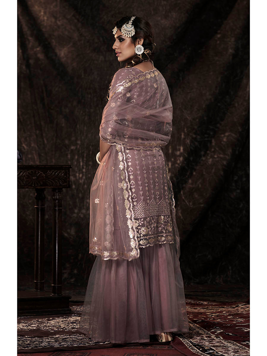 Women's Lilac Net Embroidered Sharara Suit - Myracouture