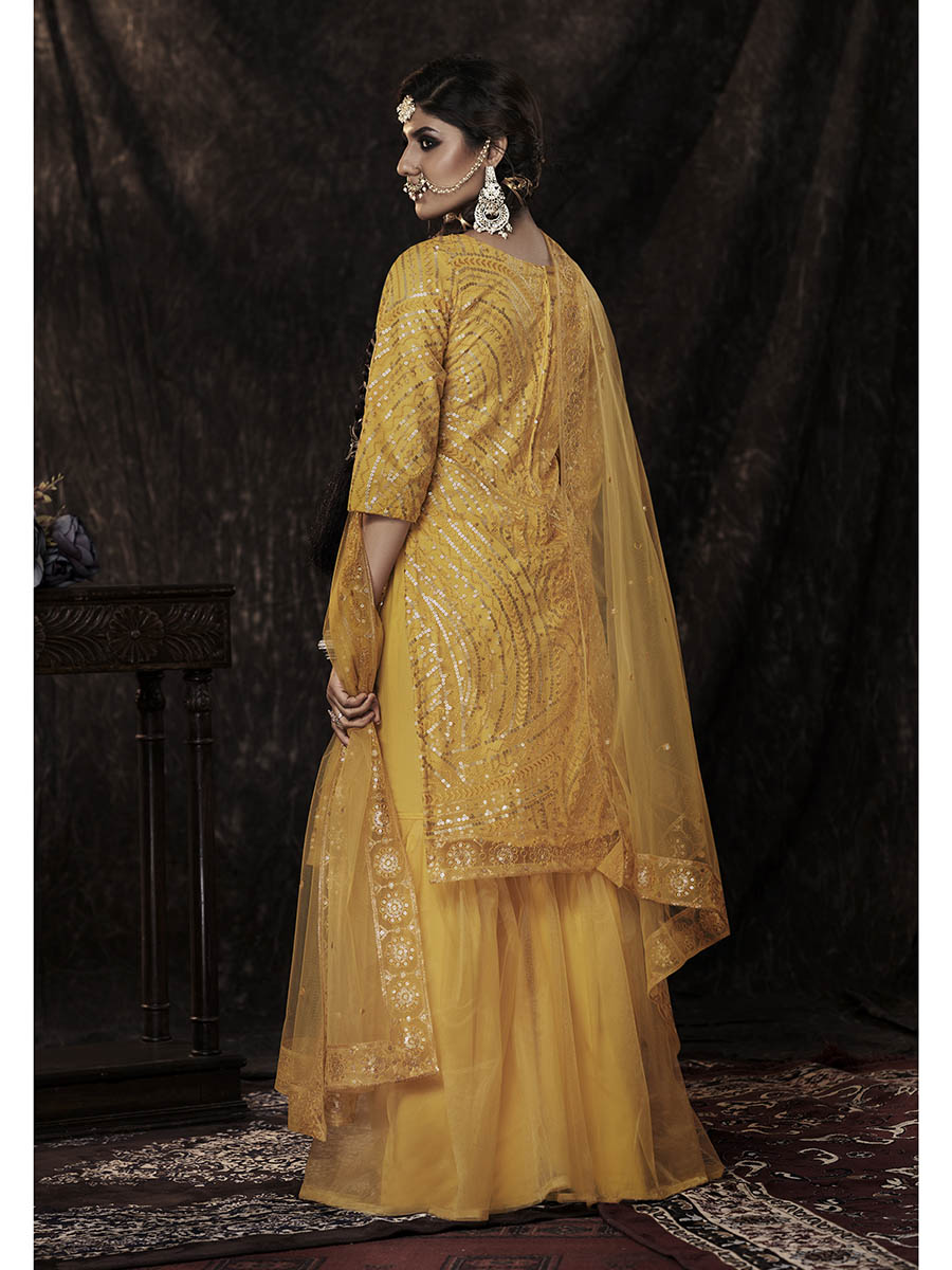 Women's Mustard Net Embroidered Sharara Suit - Myracouture