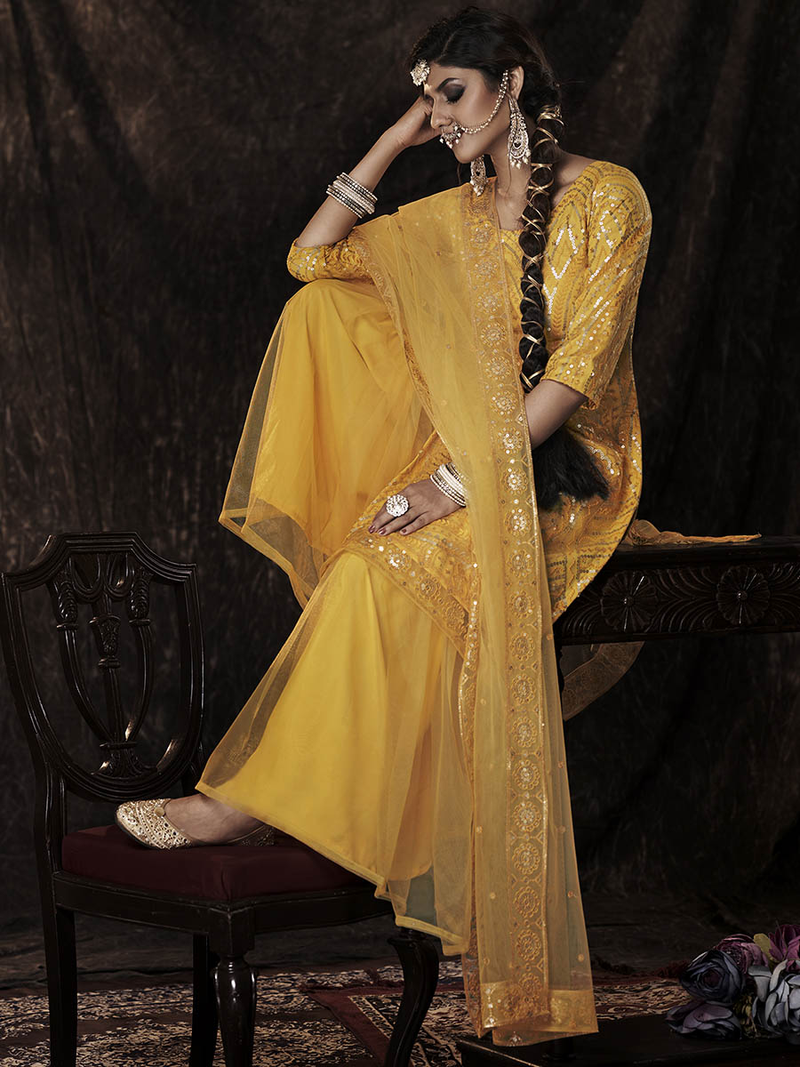 Women's Mustard Net Embroidered Sharara Suit - Myracouture