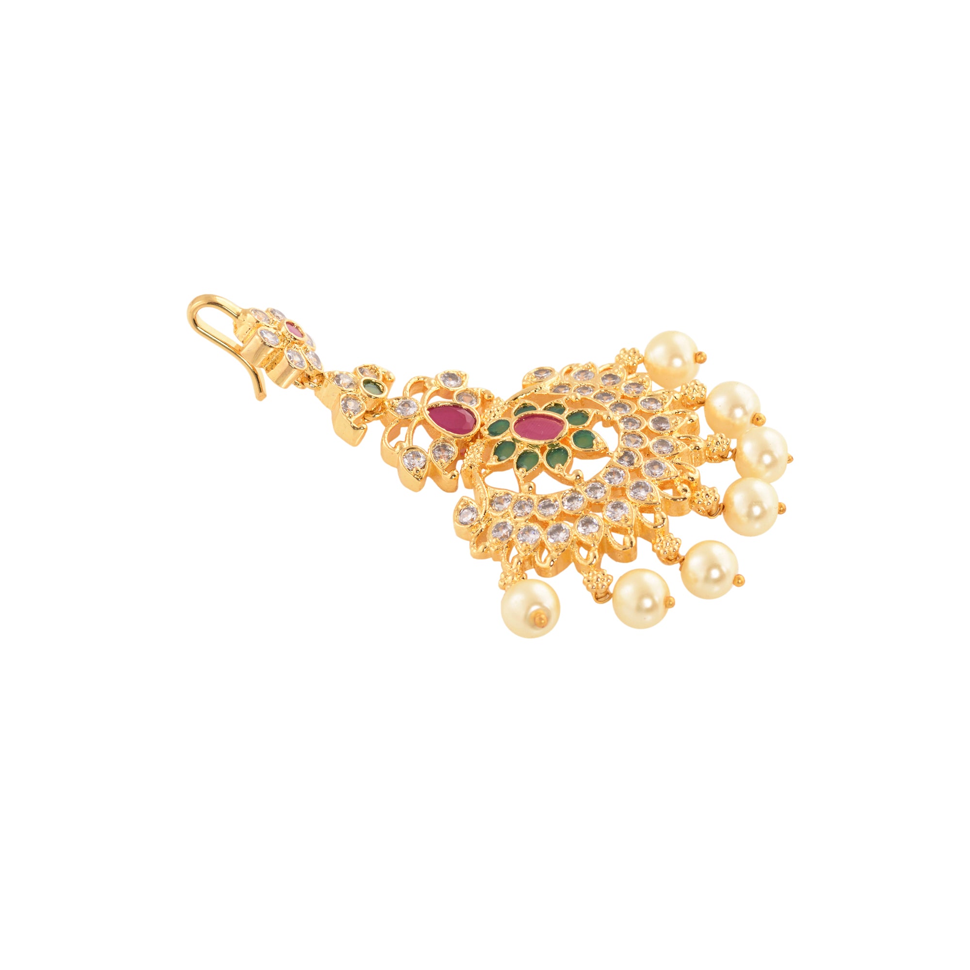 Women's Gold Plated Red & Green AD Studded Pearl Beaded Temple  Floral Mangtikka - Saraf RS Jewellery