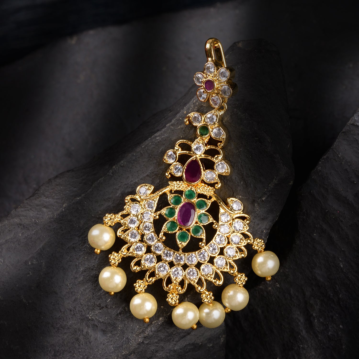 Women's Gold Plated Red & Green AD Studded Pearl Beaded Temple  Floral Mangtikka - Saraf RS Jewellery