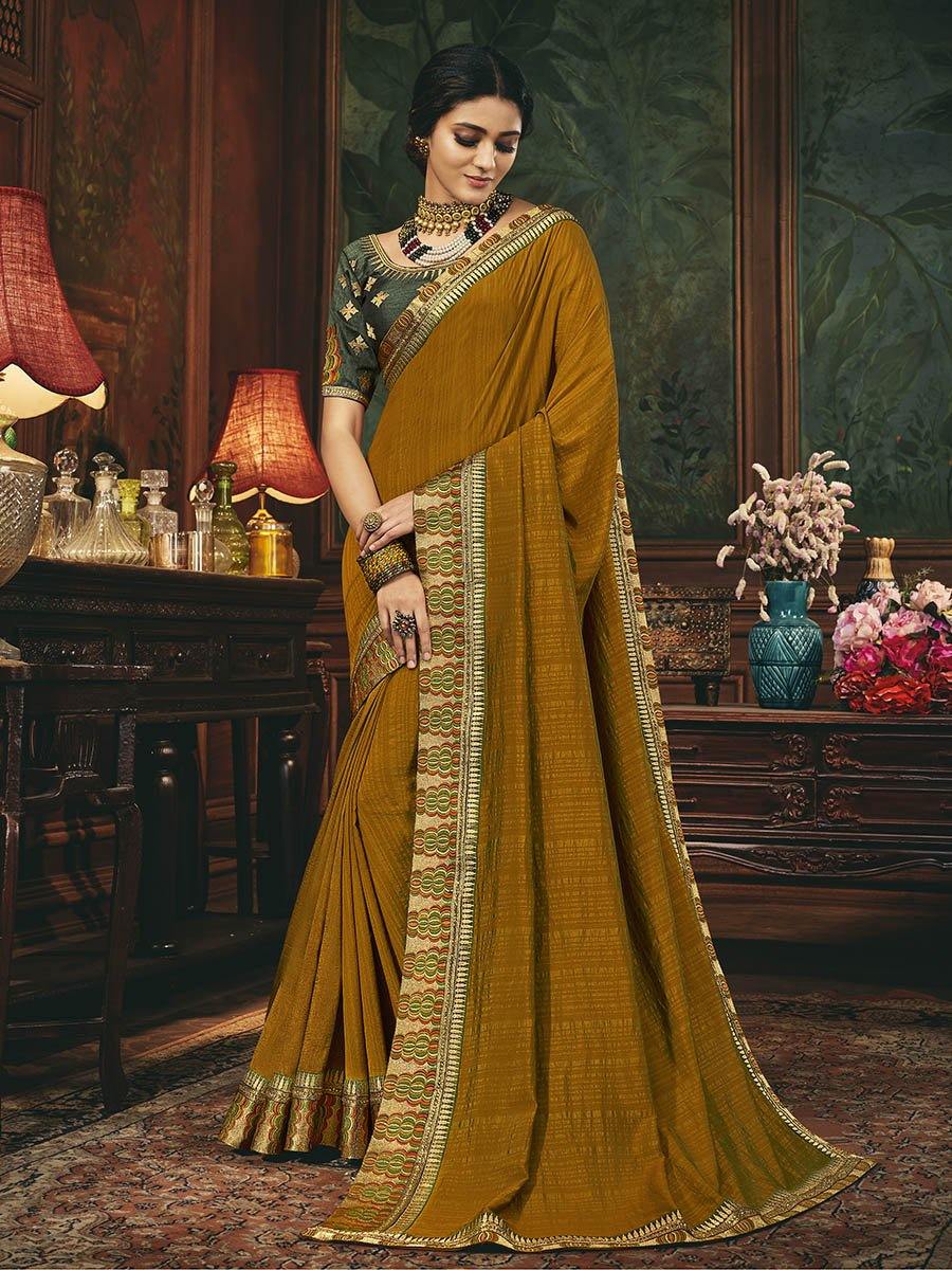 Women's Mustard Yellow Silk Embroidered Party Wear Saree-Myracouture