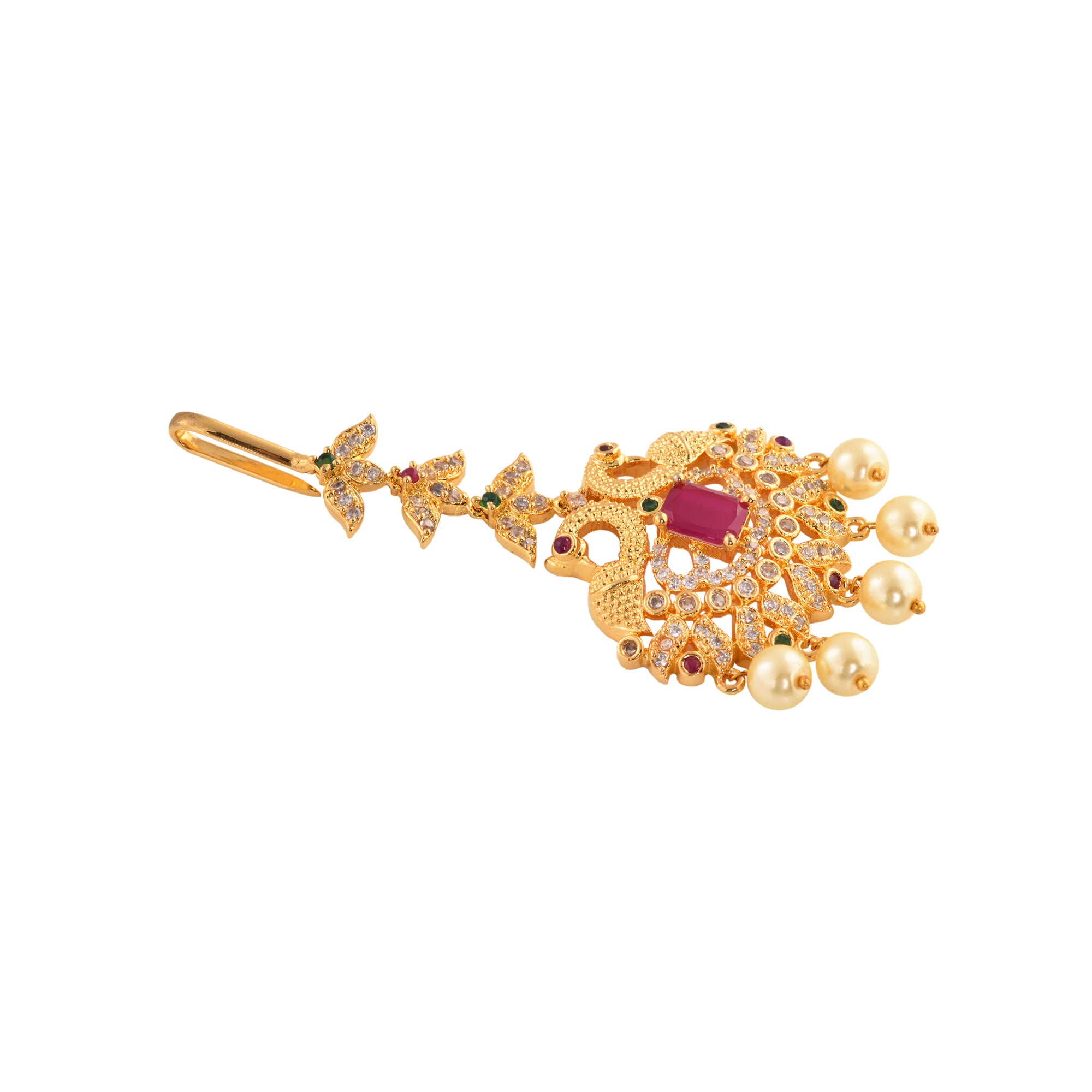 Women's Gold Plated Red AD Studded Pearl Beaded Peacock Mangtikka - Saraf RS Jewellery