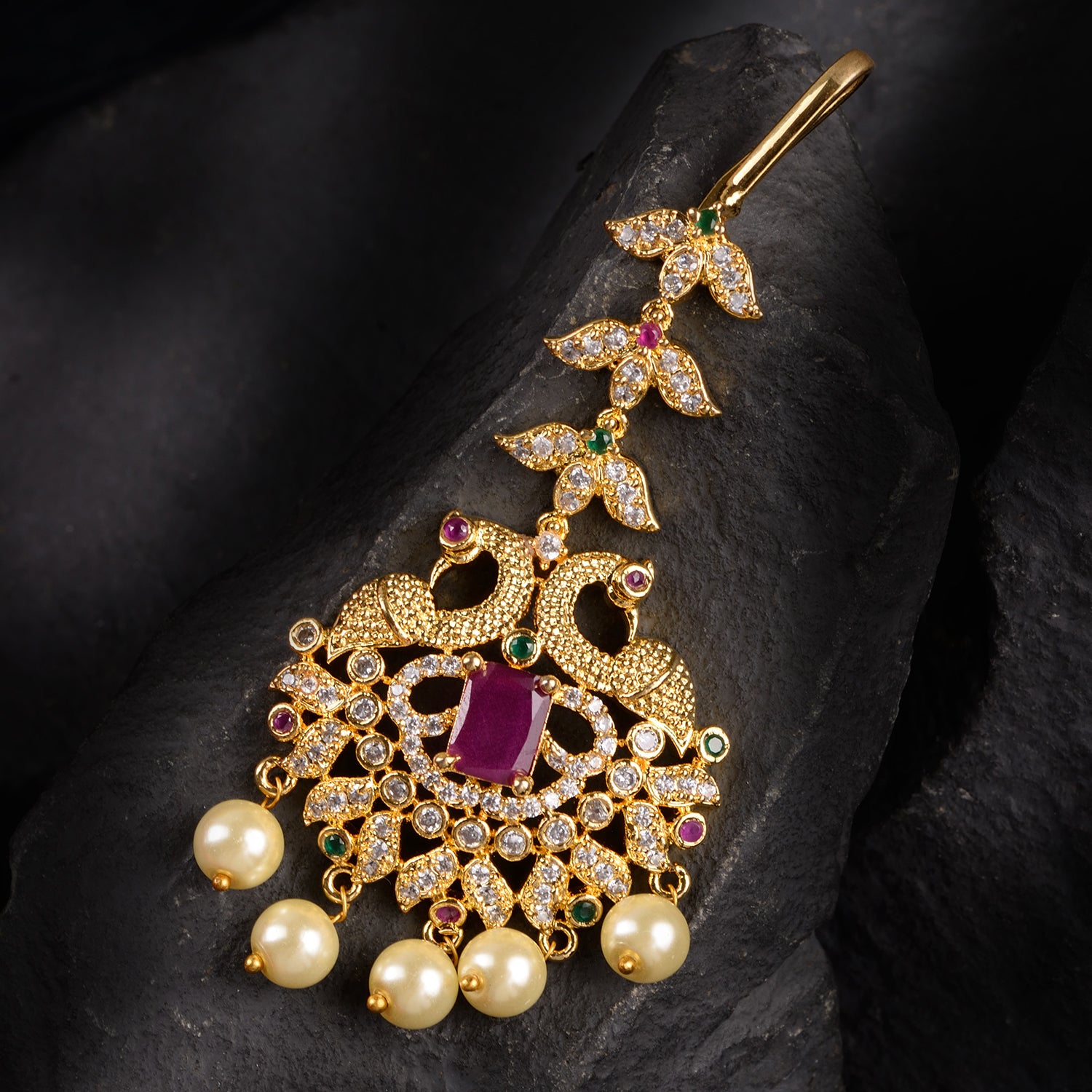 Women's Gold Plated Red AD Studded Pearl Beaded Peacock Mangtikka - Saraf RS Jewellery