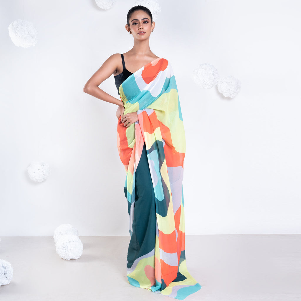 Women's Zoe Georgette Digital Printed  Saree In Green Color