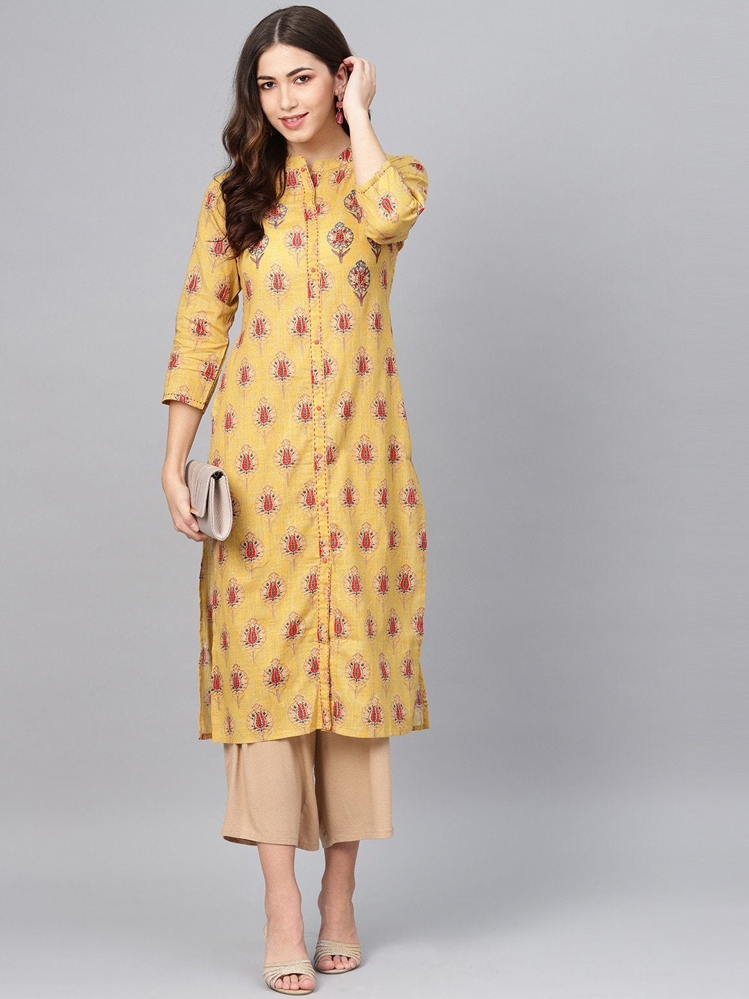 Women's Mustard Yellow & Red Printed Straight Kurta - Meeranshi