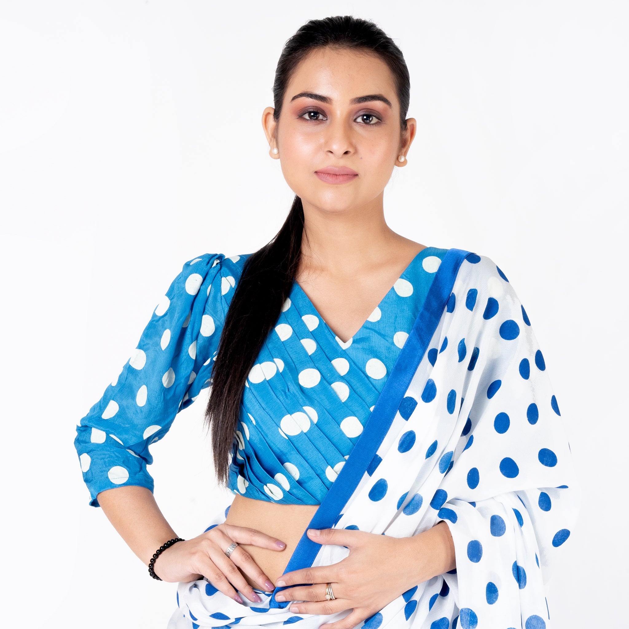 Women's Blue Polka Dotted Front Side Pleadted Padded Chiffon Blouse - Boveee