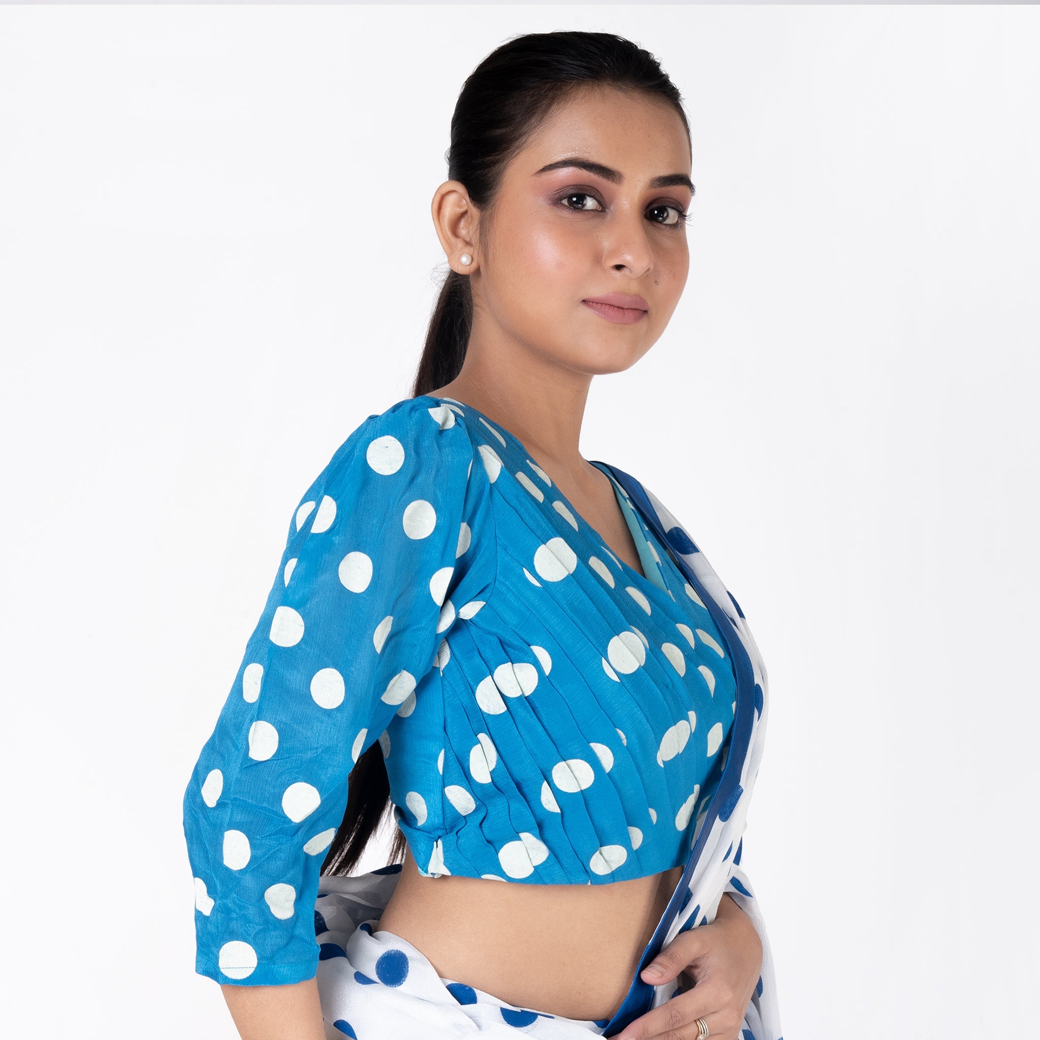 Women's Blue Polka Dotted Front Side Pleadted Padded Chiffon Blouse - Boveee