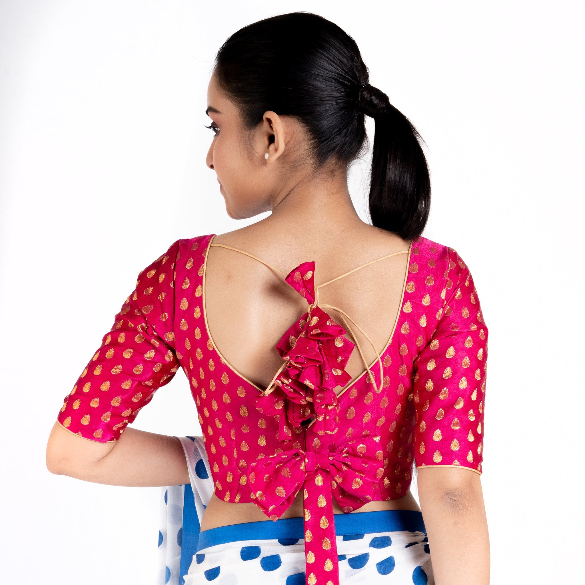 Women's Pink Brocade Padded Blouse With Back Design - Boveee