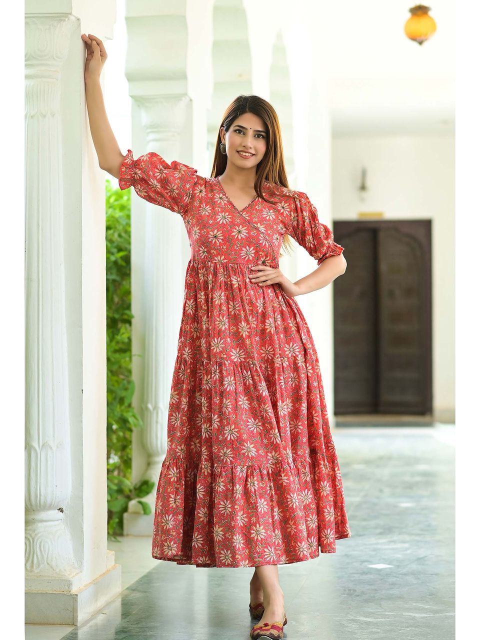 Women's Desirable Red Tiered Anarkali Cotton Dress - Hatheli