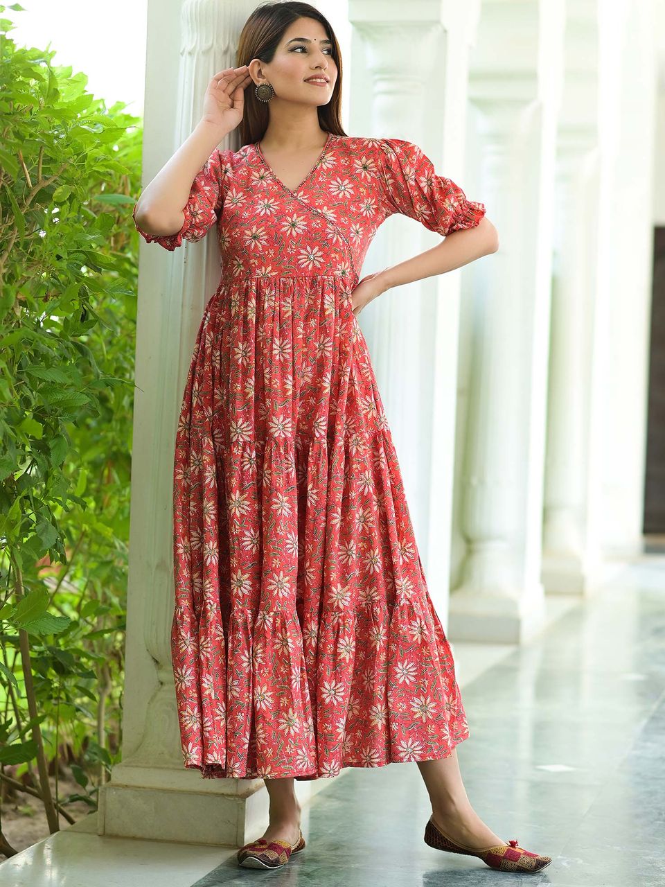 Women's Desirable Red Tiered Anarkali Cotton Dress - Hatheli