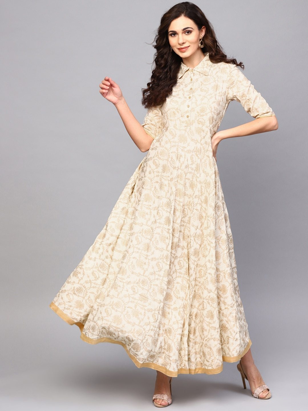 Women's  Off-White & Golden Printed Maxi Dress - AKS