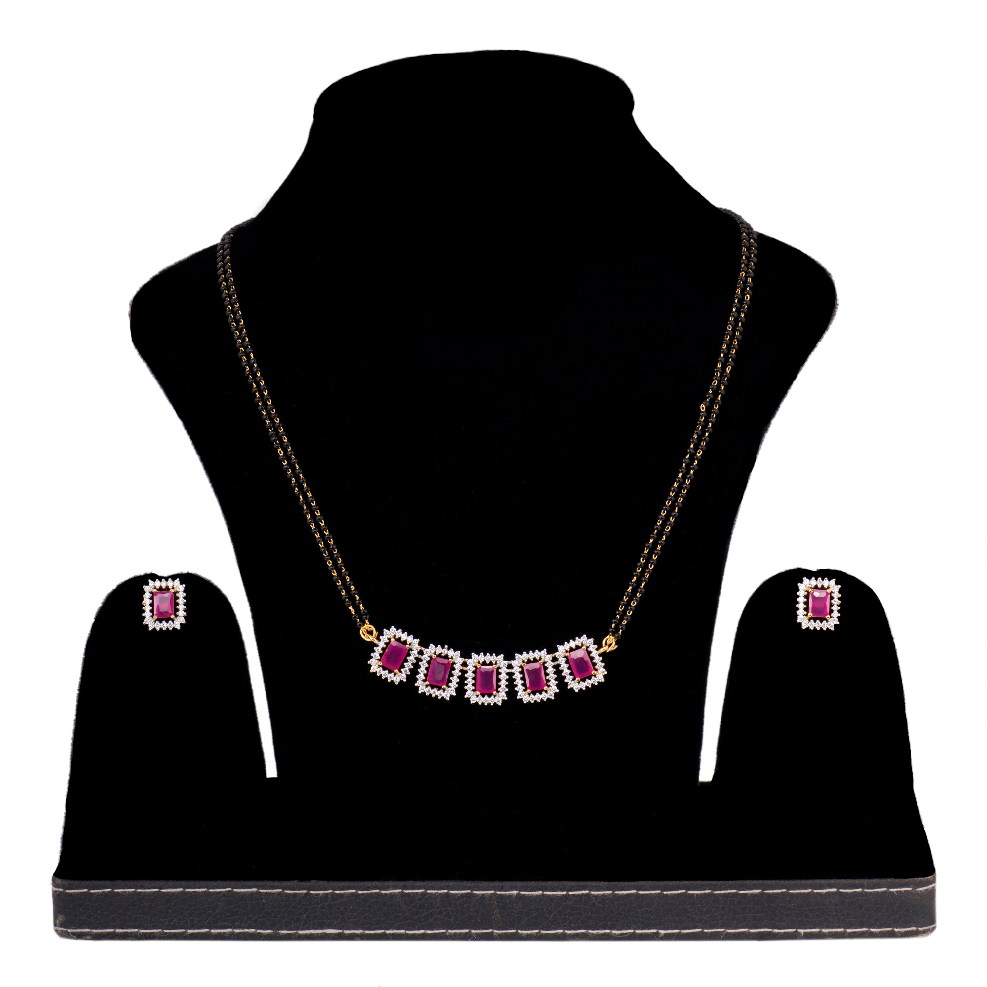 Women's Gold Plated Pink Ad Studded Black Beaded Mangalsutra Jewellery Set - Saraf Rs Jewellery