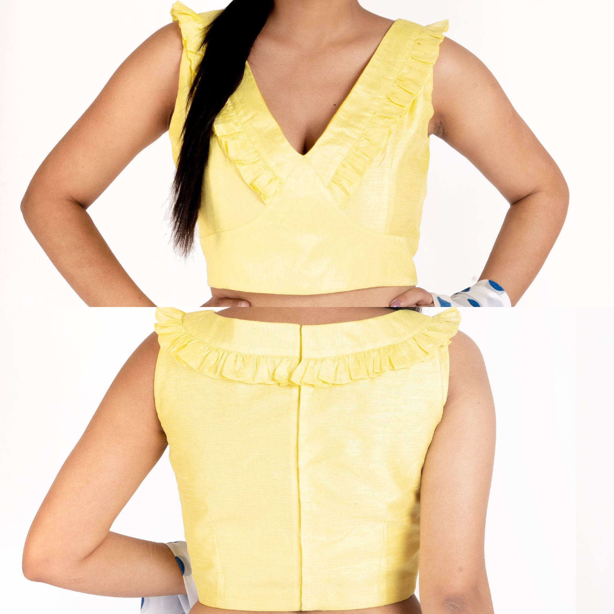 Women's Lemon Yellow Rawsilk Padded Blouse With Ruffel Design - Boveee