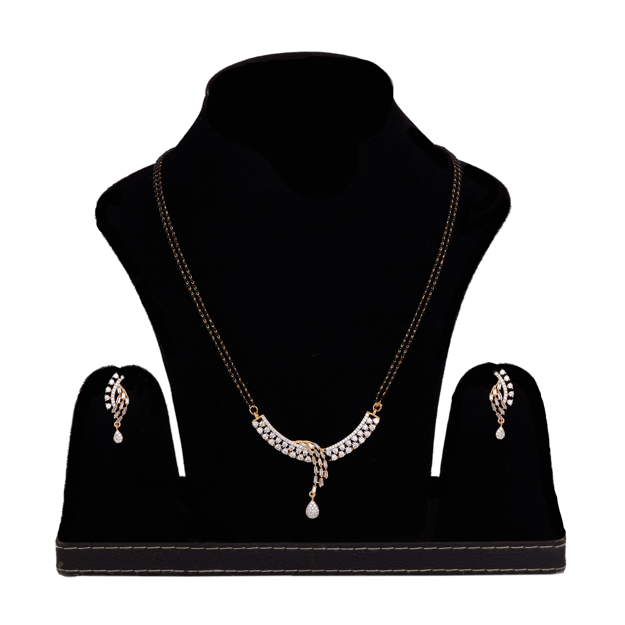 Women's Dual Gold Toned Ad Studded Modern Look Mangalsutra With Earrings - Saraf Rs Jewellery