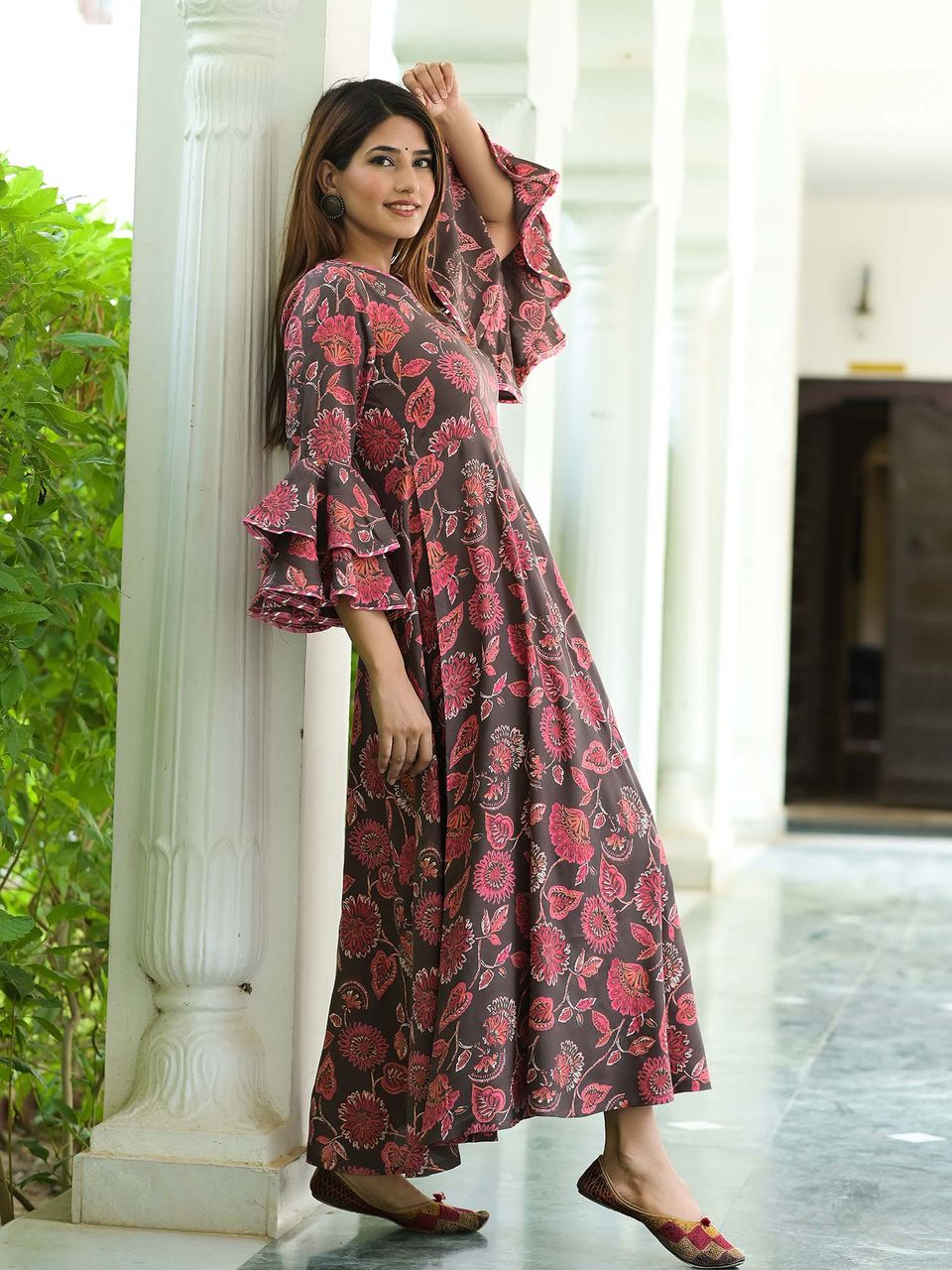 Women's Elegant Grey Floral Rayon Dress - Hatheli