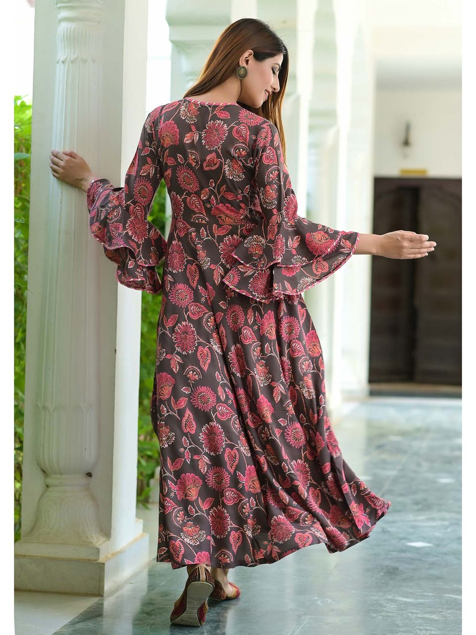 Women's Elegant Grey Floral Rayon Dress - Hatheli