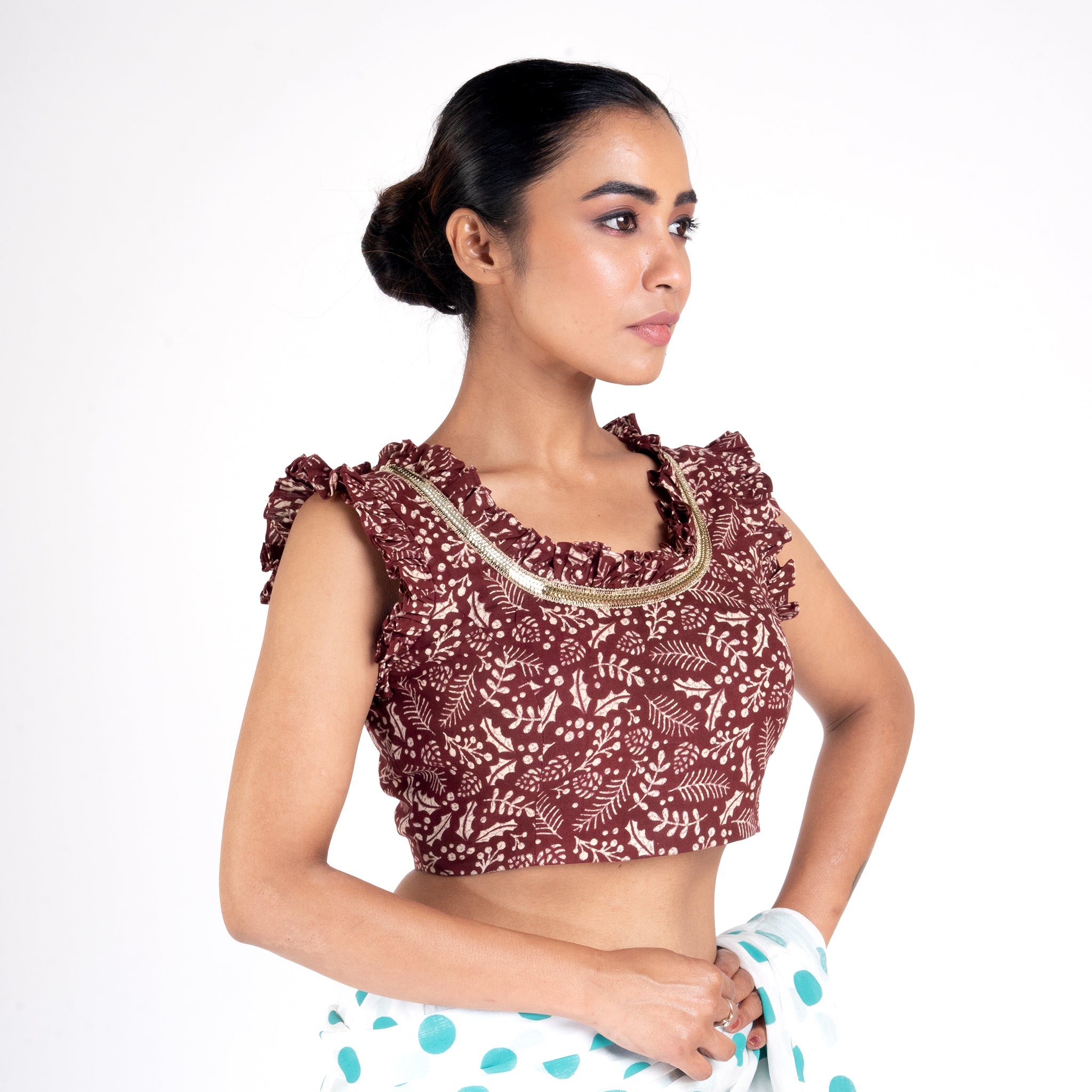 Women's Maroon Printed Cotton Padded Blouse With Ruffel And Back Dori - Boveee