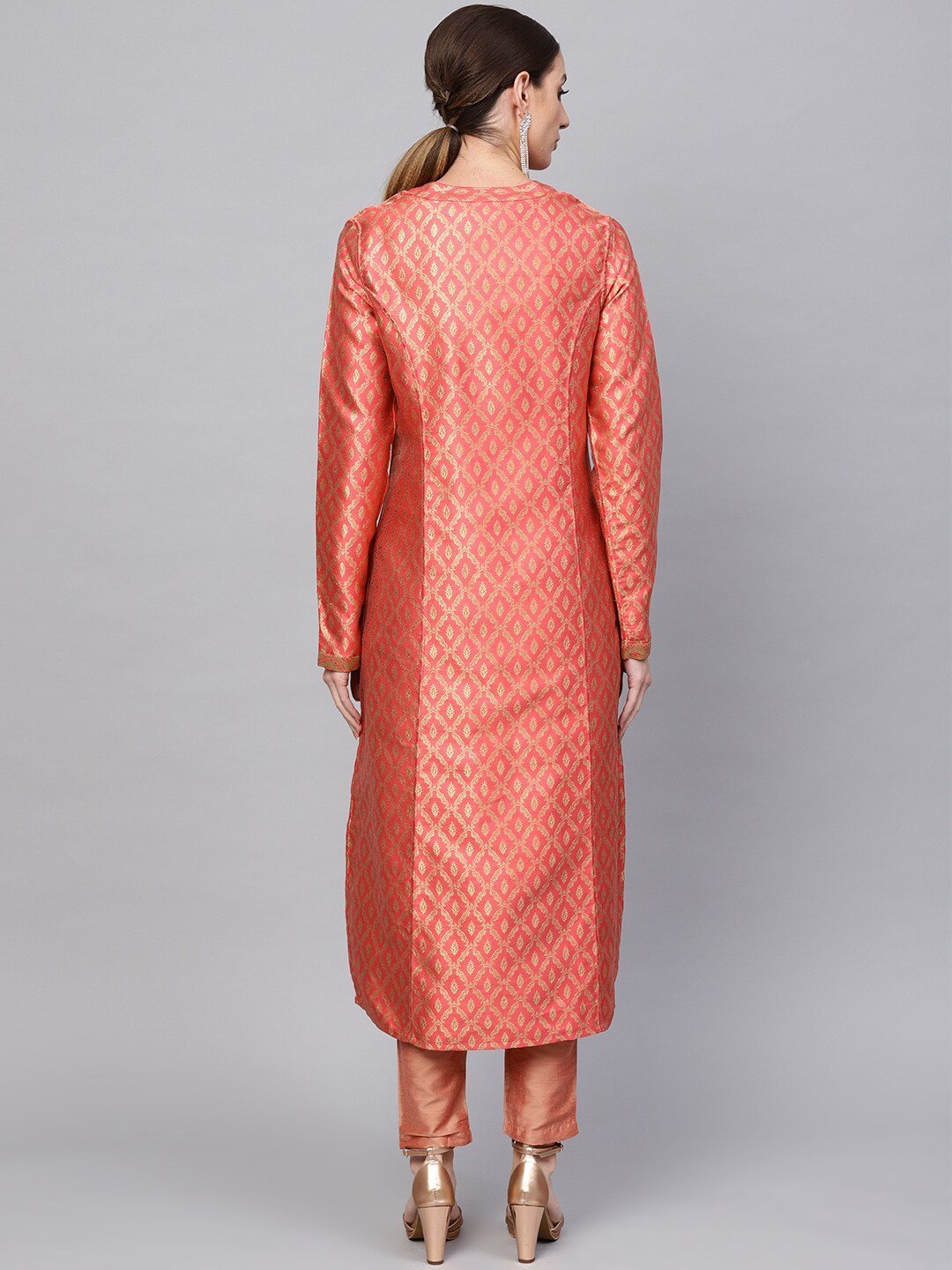 Women's  Pink & Golden Self Design Reversible Longline Open Front Jacket - AKS