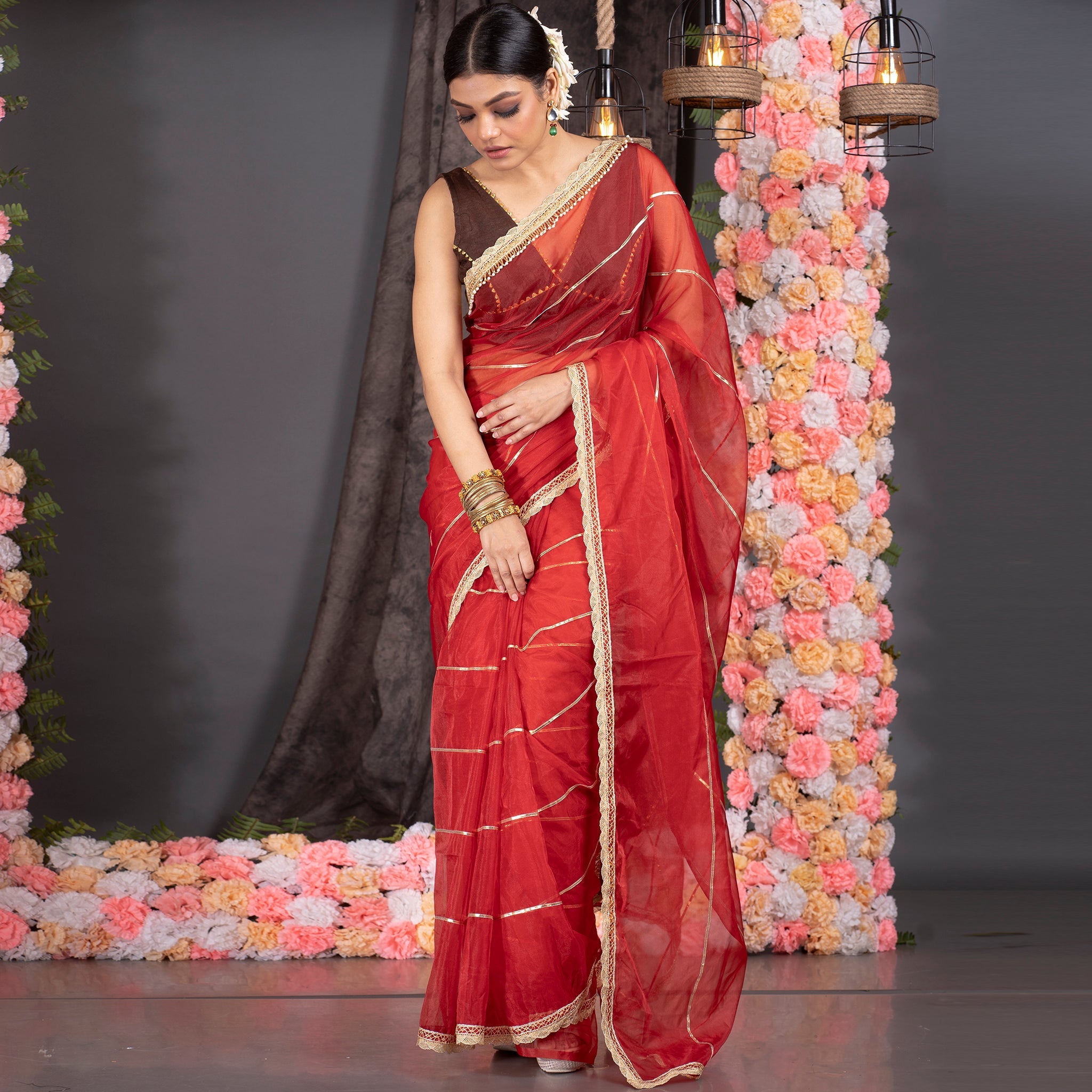 Women's Red Organza Saree With Gota Work And Scallop Border - Boveee