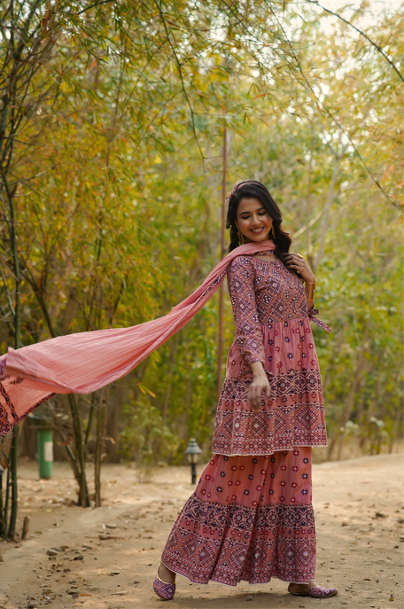 Women's Cambric Printed Flared Tunic Sharara Dupatta Set - Juniper