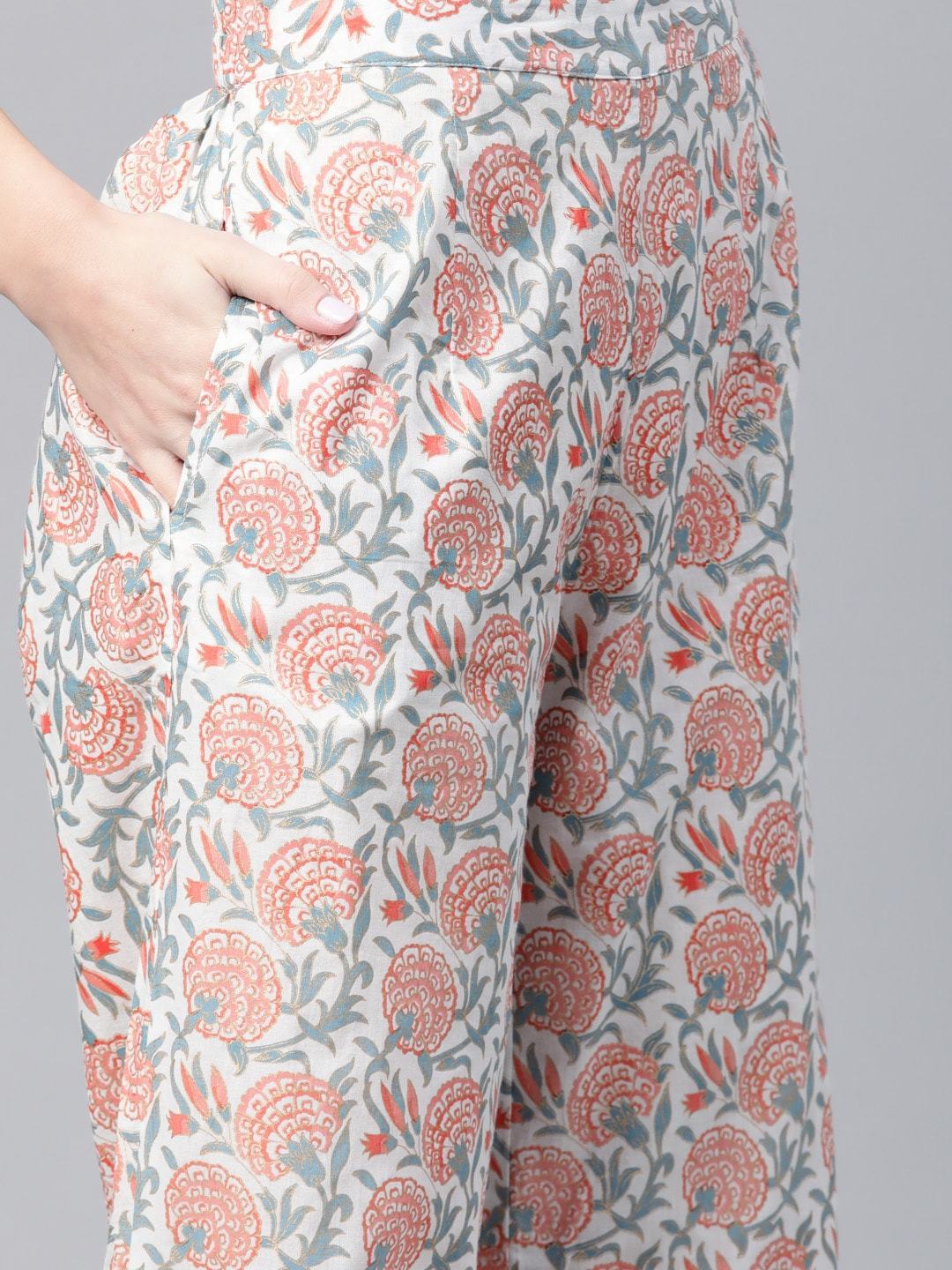 Women's  White & Pink Floral Foil Print Kurta with Palazzos - AKS