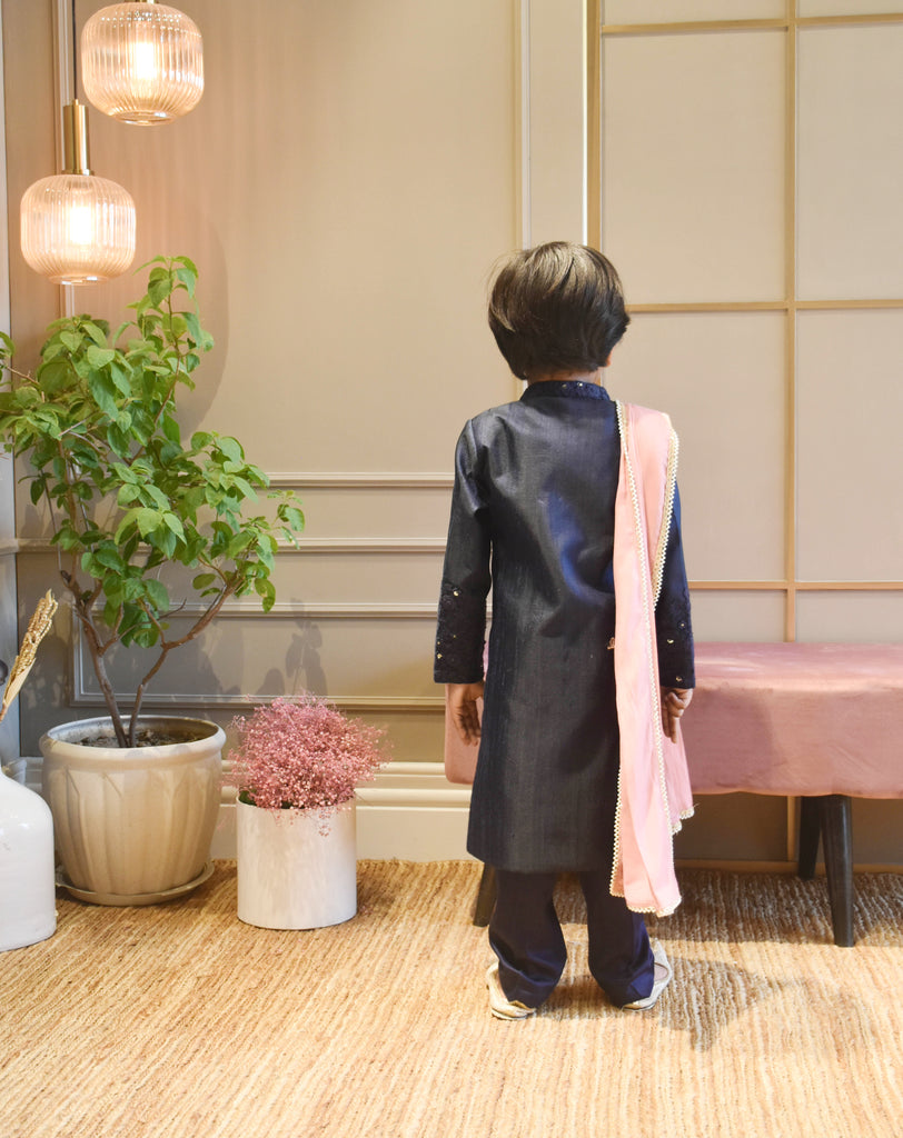 Boy's Blue Silk Ajkan With Pant And Pink Stole