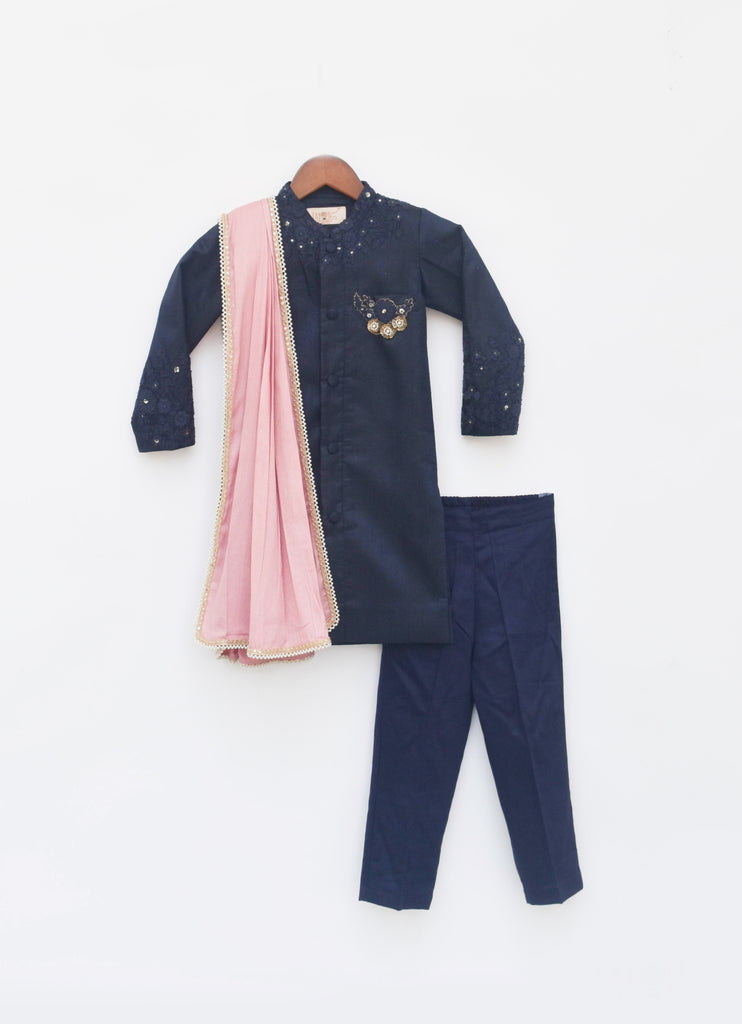 Boy's Blue Silk Ajkan With Pant And Pink Stole