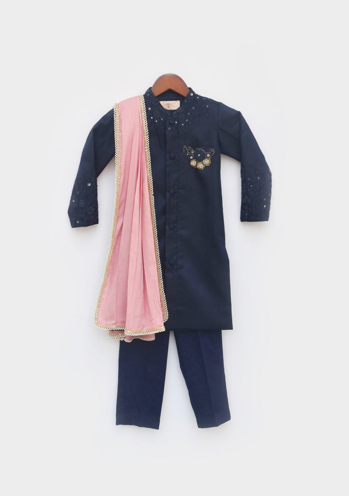 Boy's Blue Silk Ajkan With Pant And Pink Stole