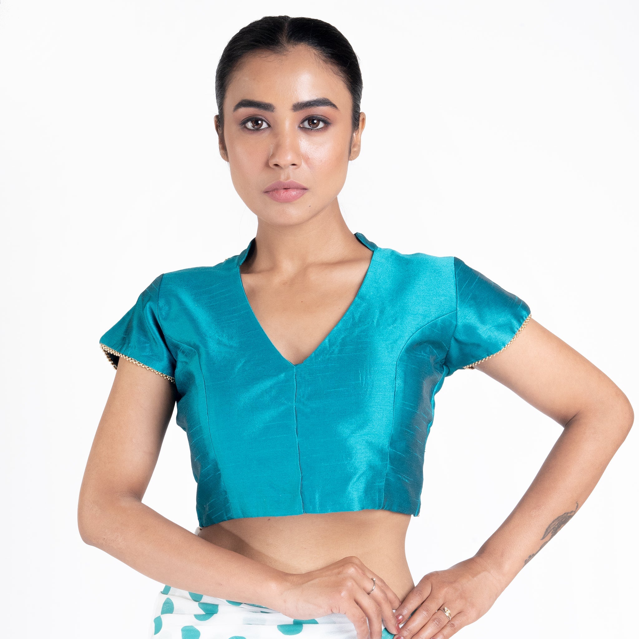 Women's Teal Raw Silk Padded Blouse With Back Overlap Design - Boveee