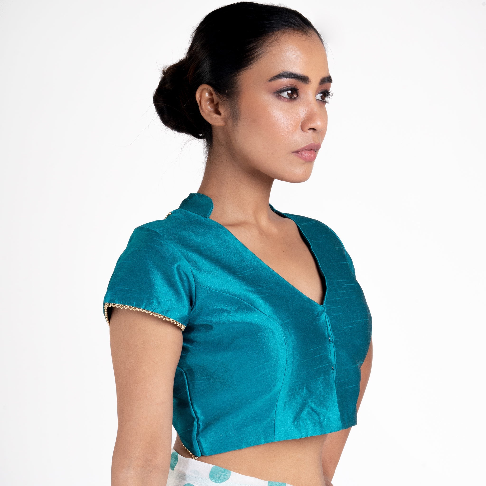 Women's Teal Raw Silk Padded Blouse With Back Overlap Design - Boveee
