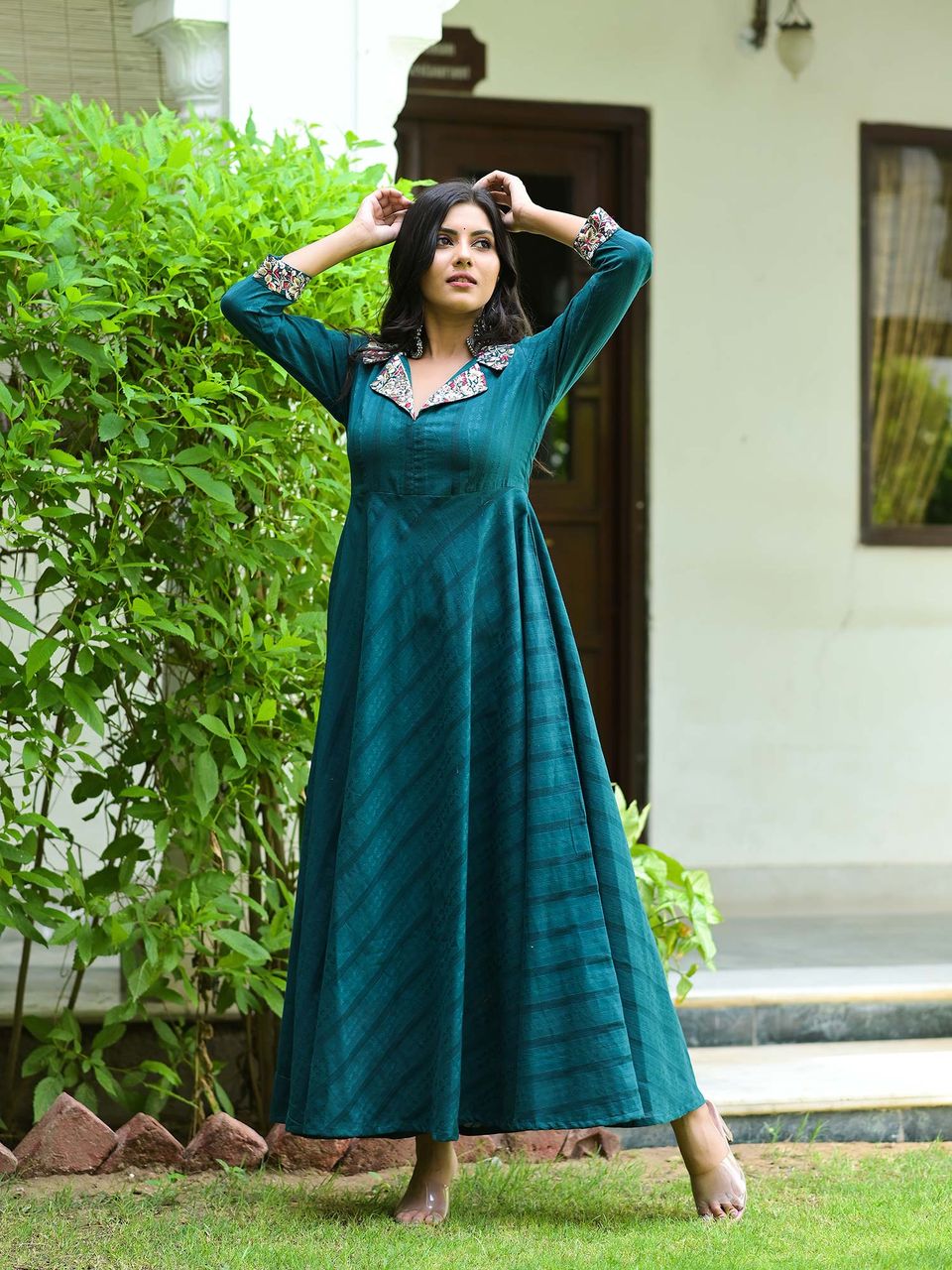 Women's Forest Green Cotton Dobby Dress - Hatheli
