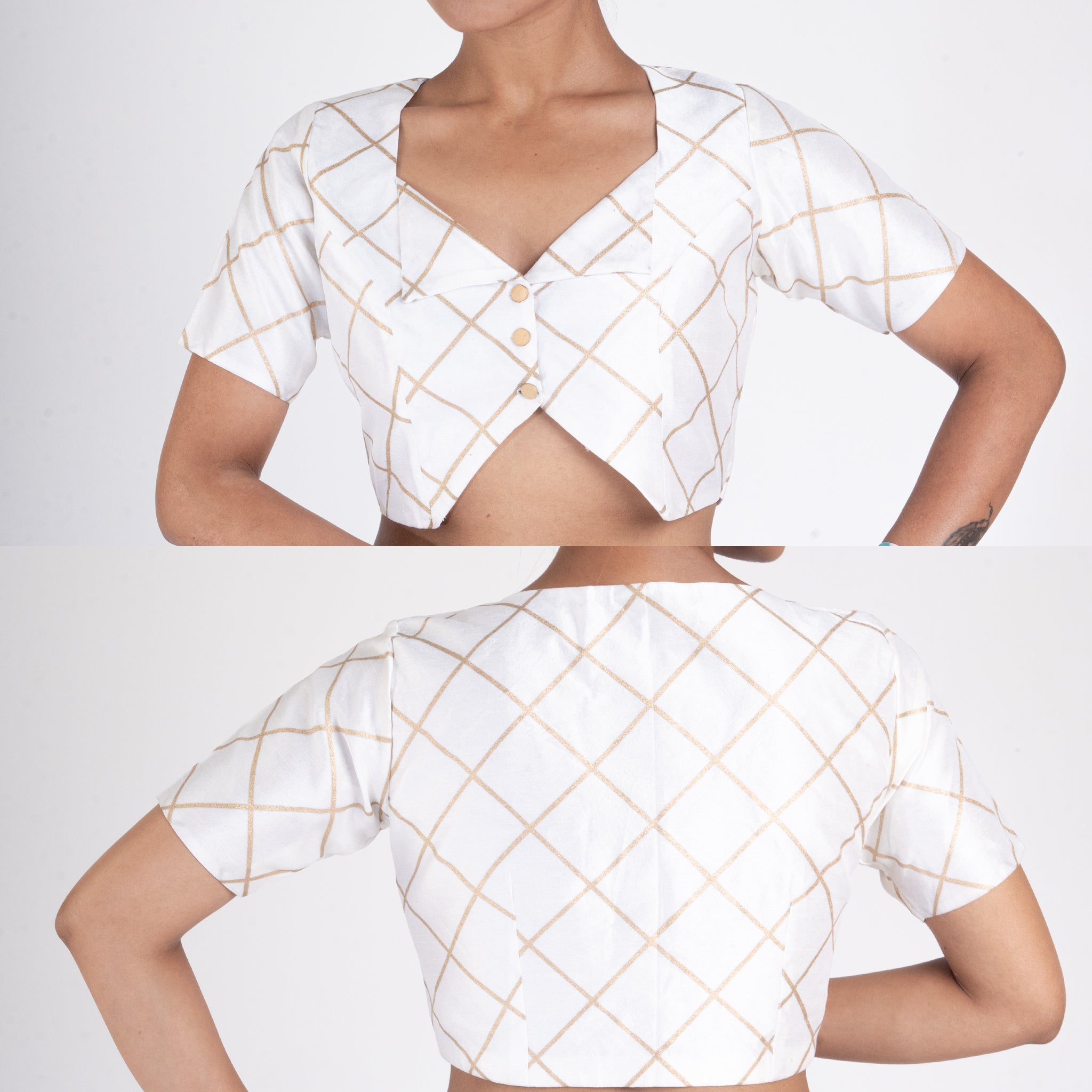 Women's Ivory Raw Silk Padded Blouse With Golden Checks And Front Button - Boveee