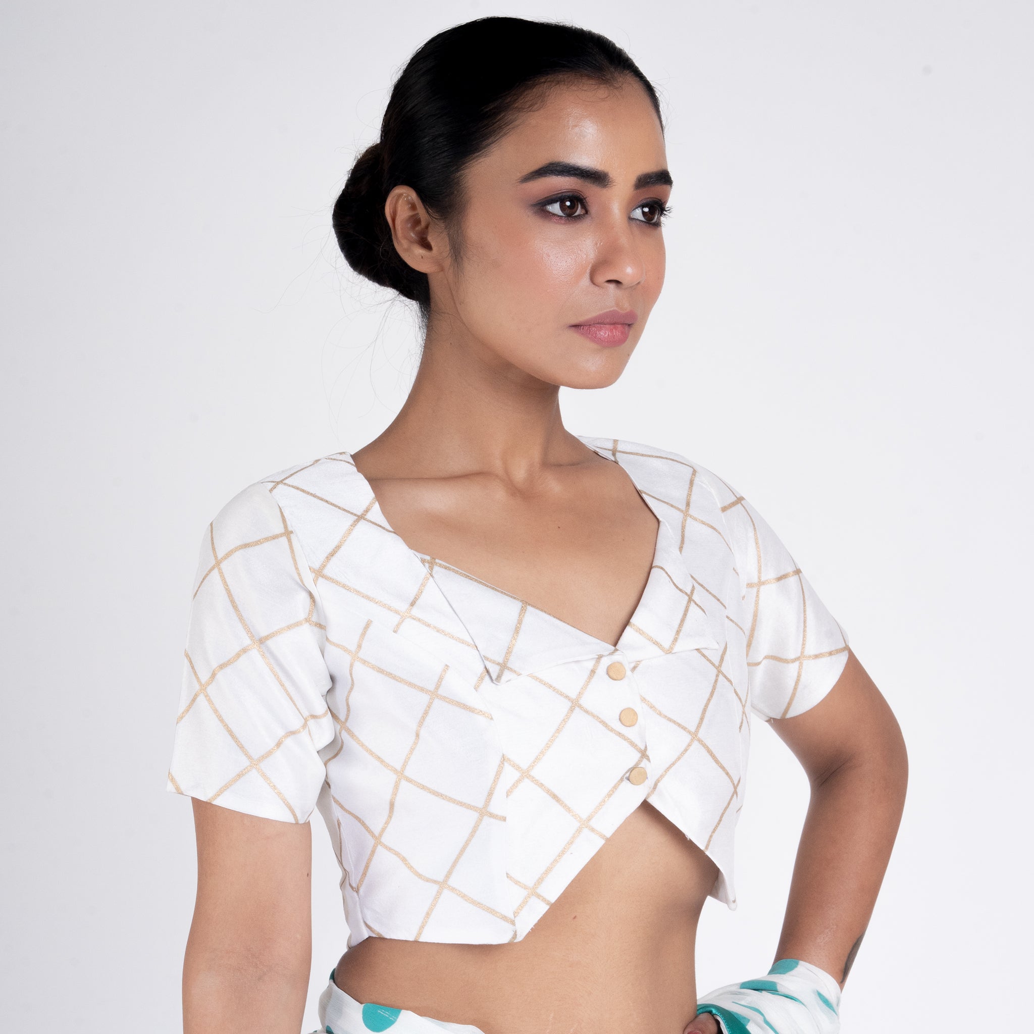 Women's Ivory Raw Silk Padded Blouse With Golden Checks And Front Button - Boveee