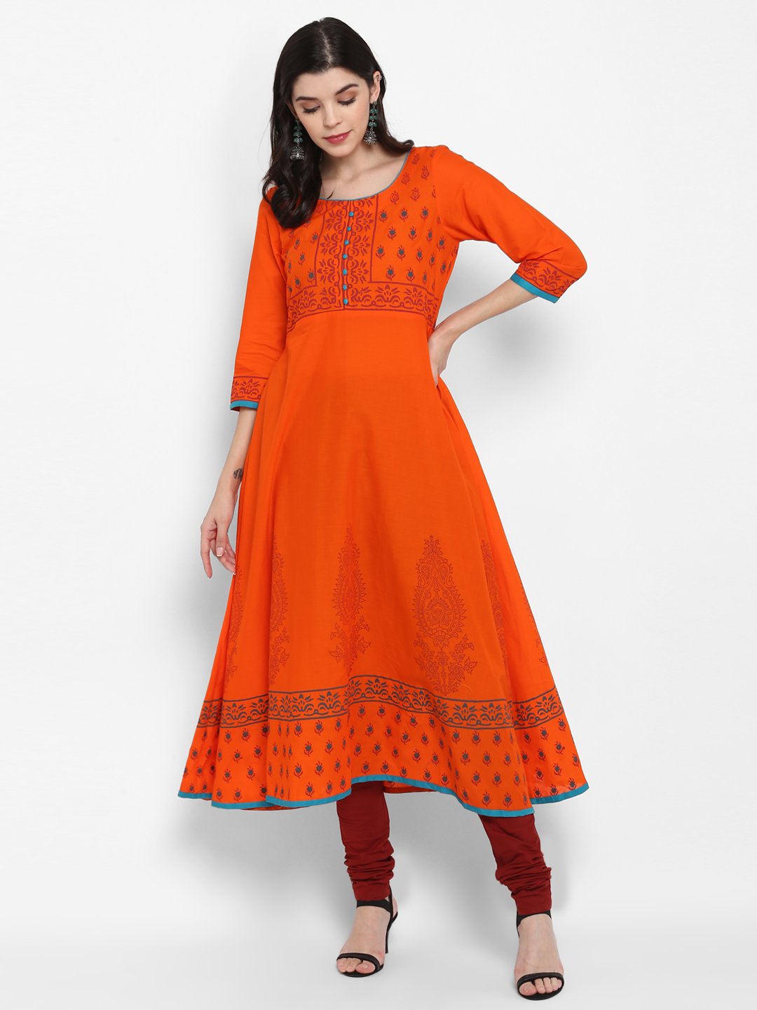Women's Orange Cotton Printed Anarkali Kurti With Block Print (1 Pc) - Noz2Toz