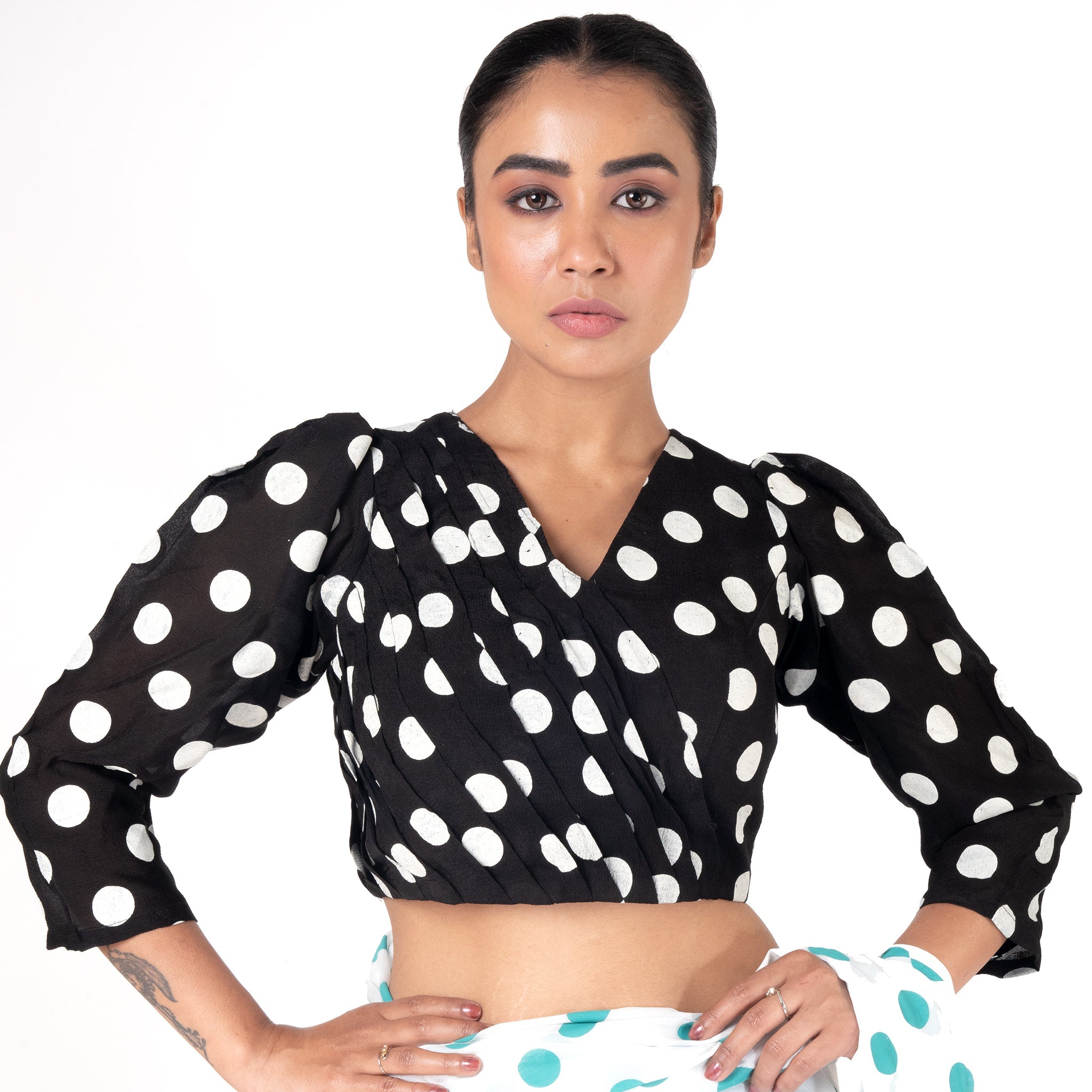 Women's Black Polka Dotted Front Side Pleadted Padded Chiffon Blouse - Boveee