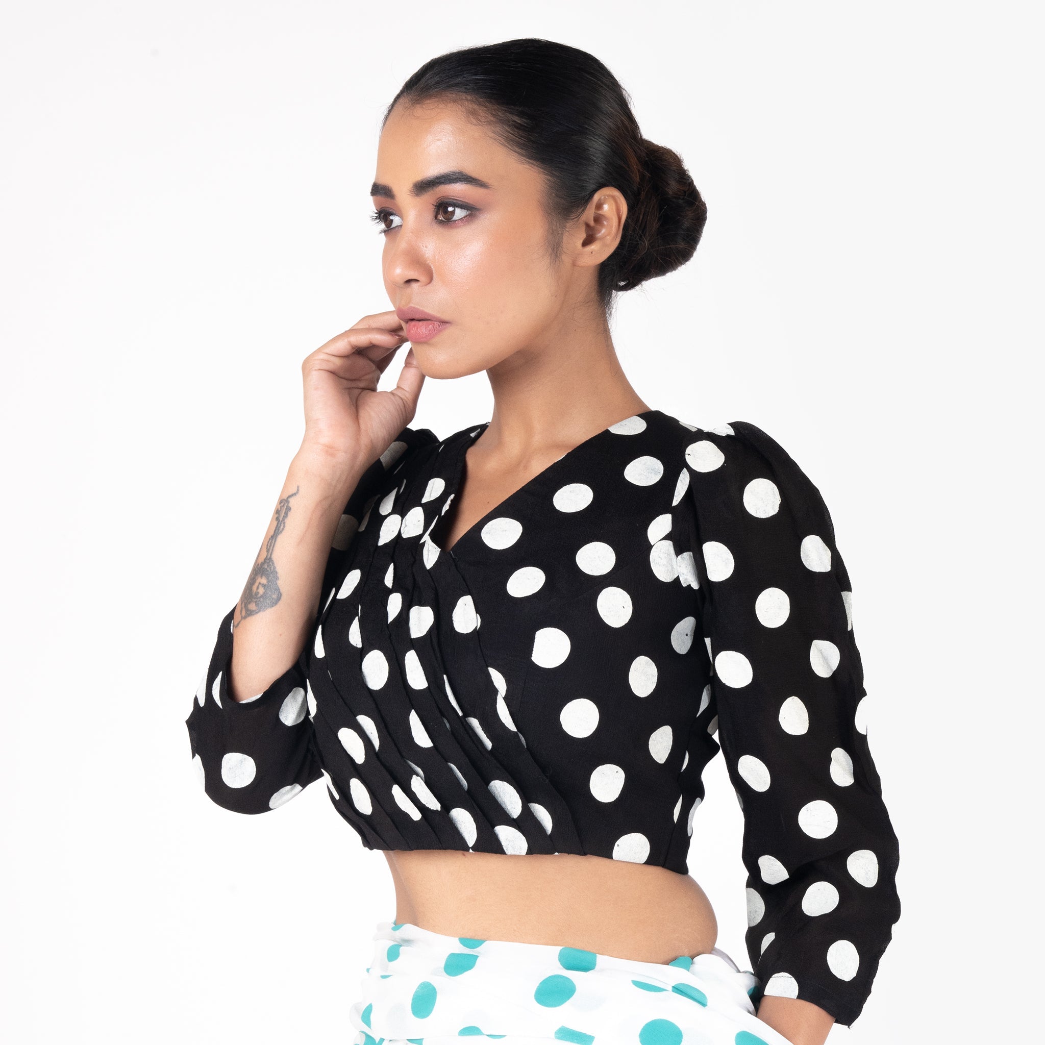 Women's Black Polka Dotted Front Side Pleadted Padded Chiffon Blouse - Boveee