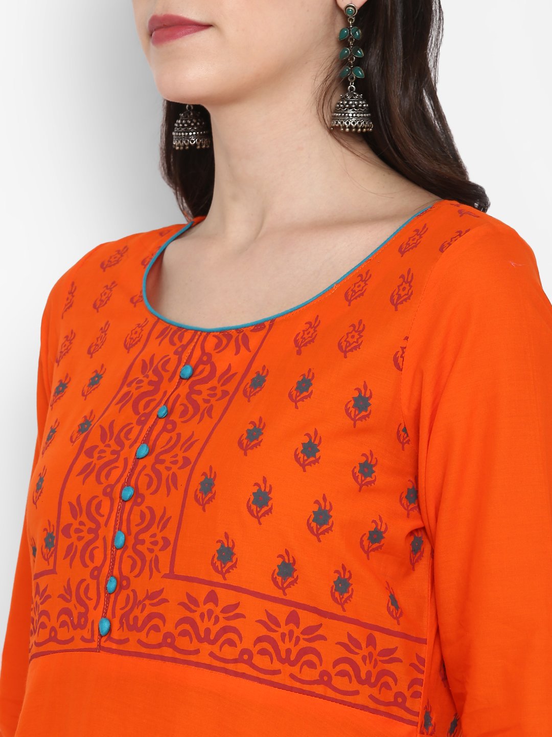 Women's Orange Cotton Printed Anarkali Kurti With Block Print (1 Pc) - Noz2Toz