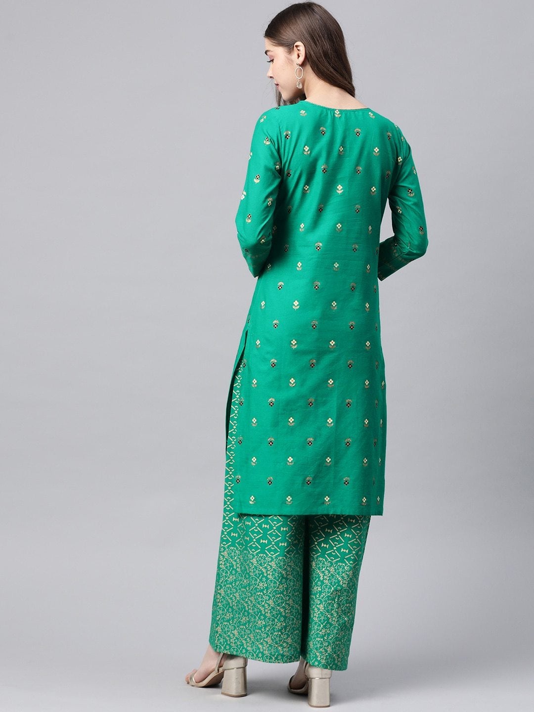 Women's Green & Golden Printed Pure Cotton Kurta with Palazzos - Meeranshi