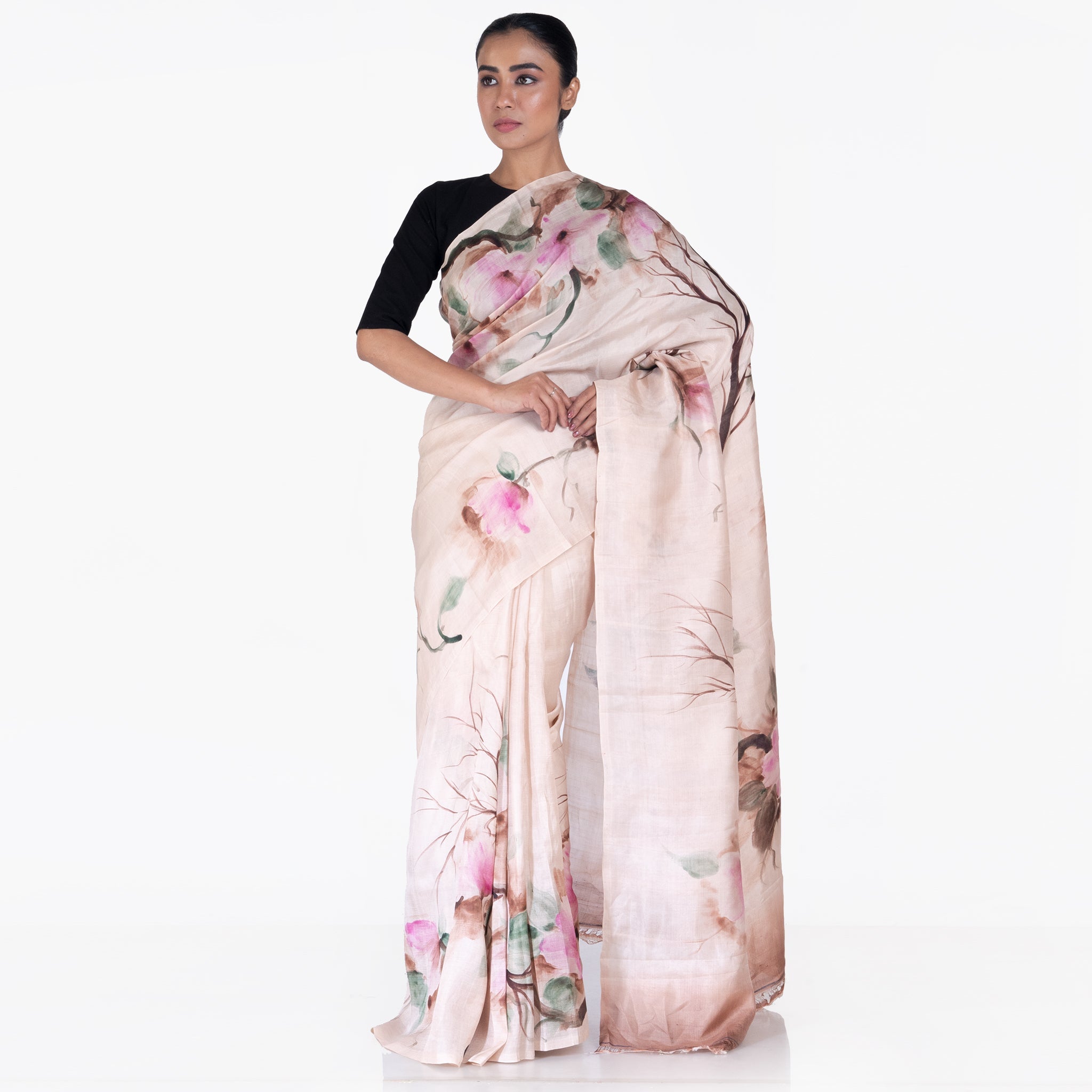 Women's Dusky Brown Hand Painted Pure Silk Saree With Multicolor Floral Design - Boveee