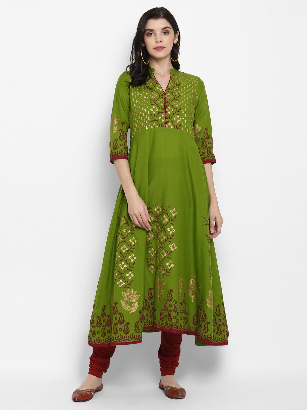 Women's Green Cotton Printed Anarkali Kurti With Block Print (1 Pc) - Noz2Toz